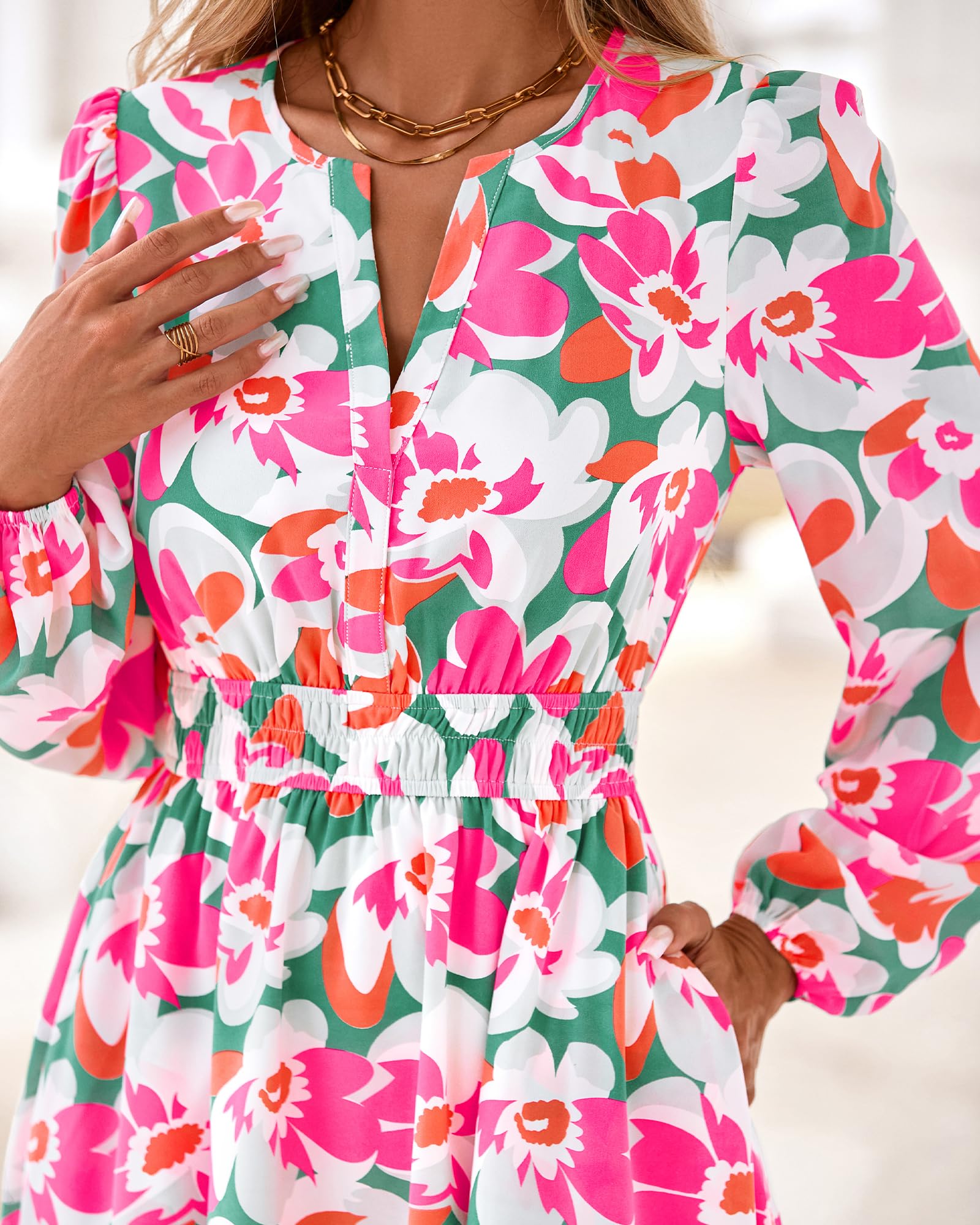 BTFBM Spring Dresses for Women Mini Long Sleeve Elastic Waist Summer Vacation Outfits Floral Wedding Guest Dress