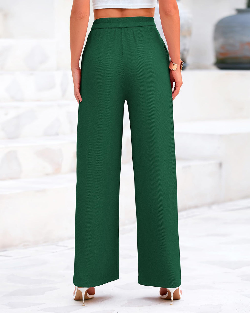 BTFBM Palazzo Pants for Women Spring Summer Clothes Pockets High Waist Casual Knit Flowy Wide Leg Trousers