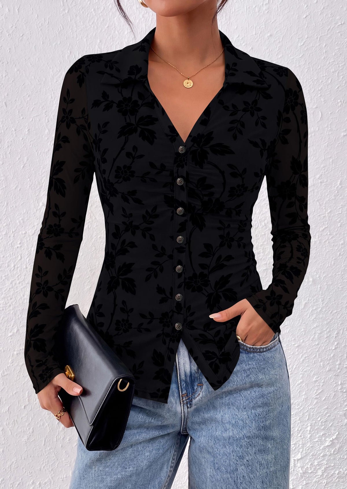 PRETTYGARDEN Women's Long Sleeve Floral Mesh Boho Tops Button Down Shirts Fall Blouses Dressy, Ruched Slim Fit, Collared V Neck, Trendy Going Out Date Night Outfit, Elegant Casual Work Office Clothes