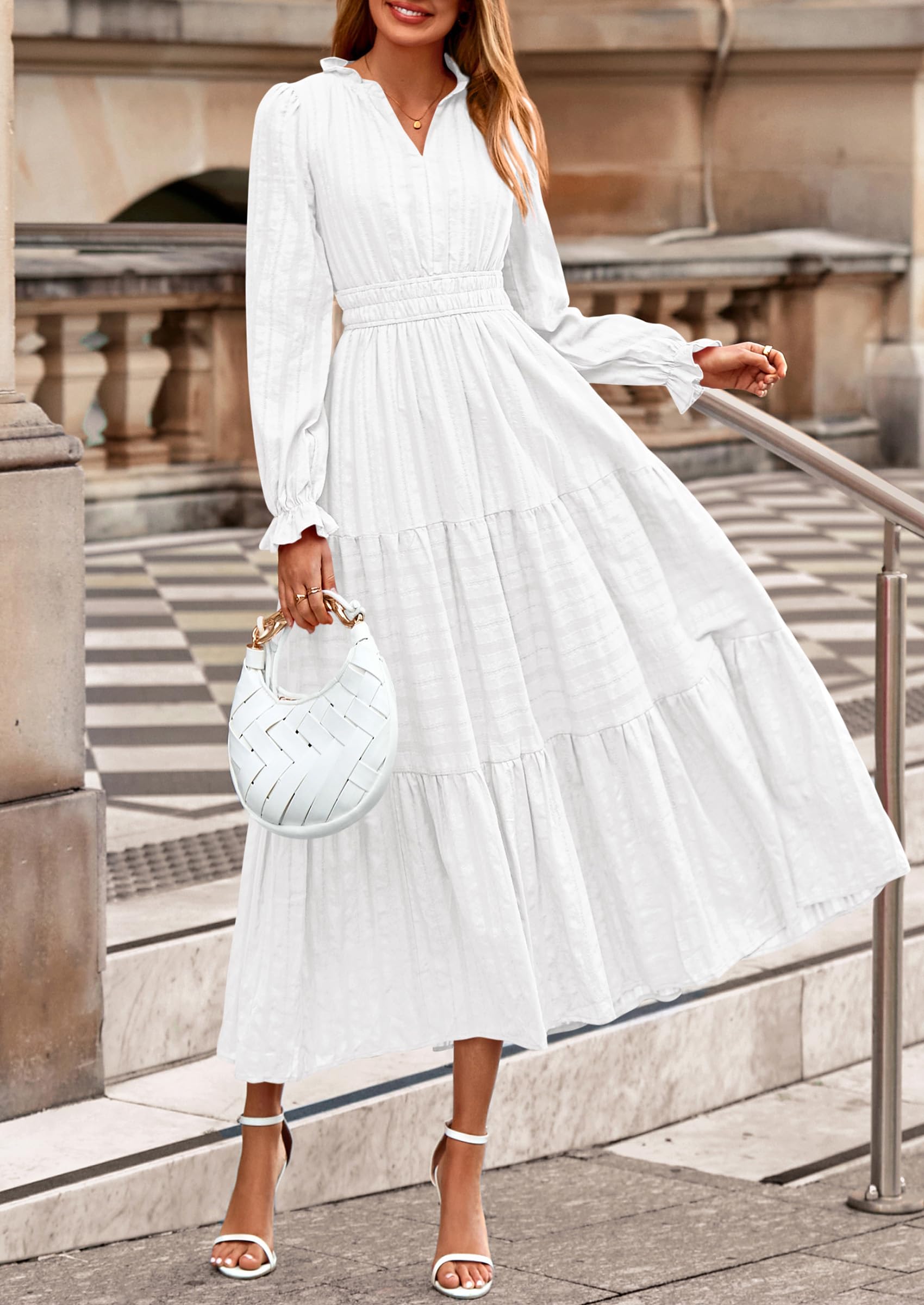 PRETTYGARDEN Women's Fall Wedding Guest Dresses Long Sleeve V Neck Flowy Elegant Holiday Party Maxi Dress with Pockets