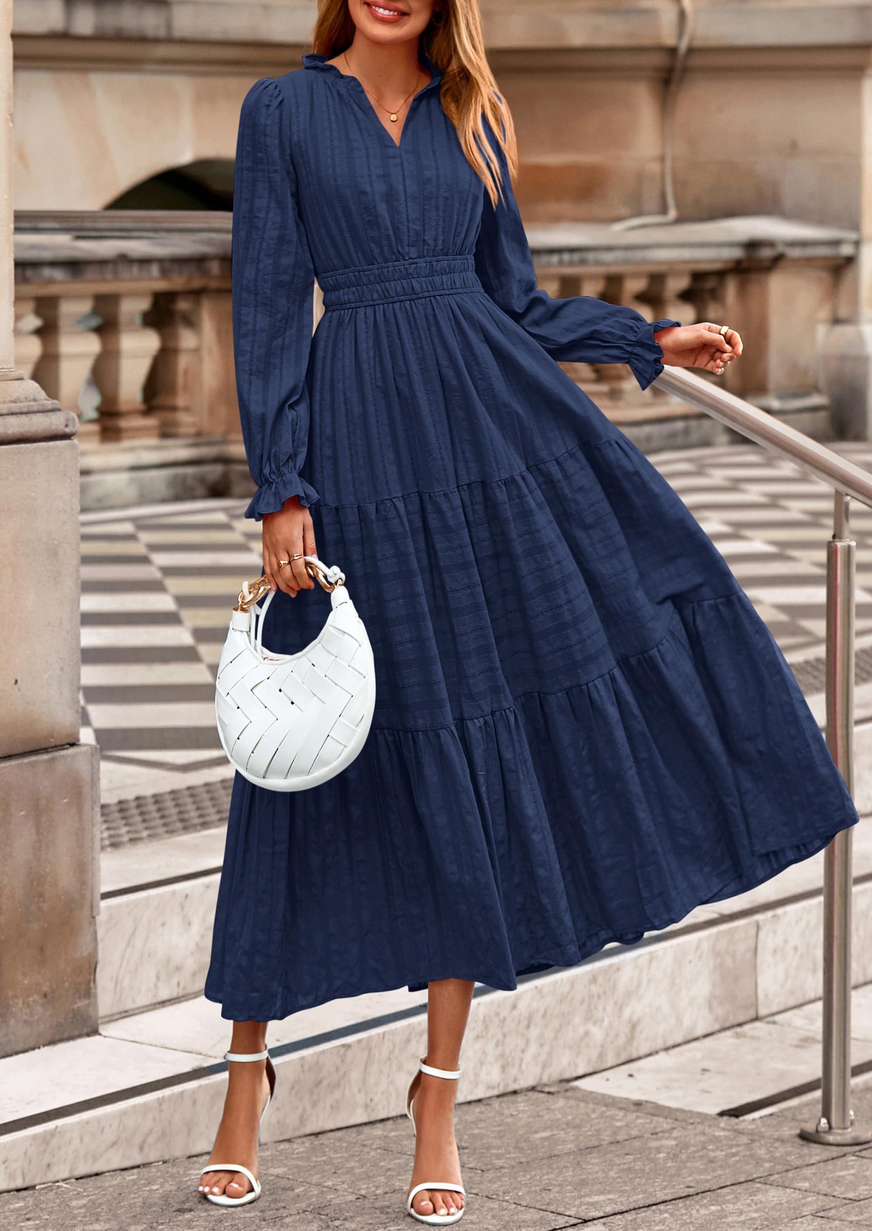 PRETTYGARDEN Women's Fall Wedding Guest Dresses Long Sleeve V Neck Flowy Elegant Holiday Party Maxi Dress with Pockets