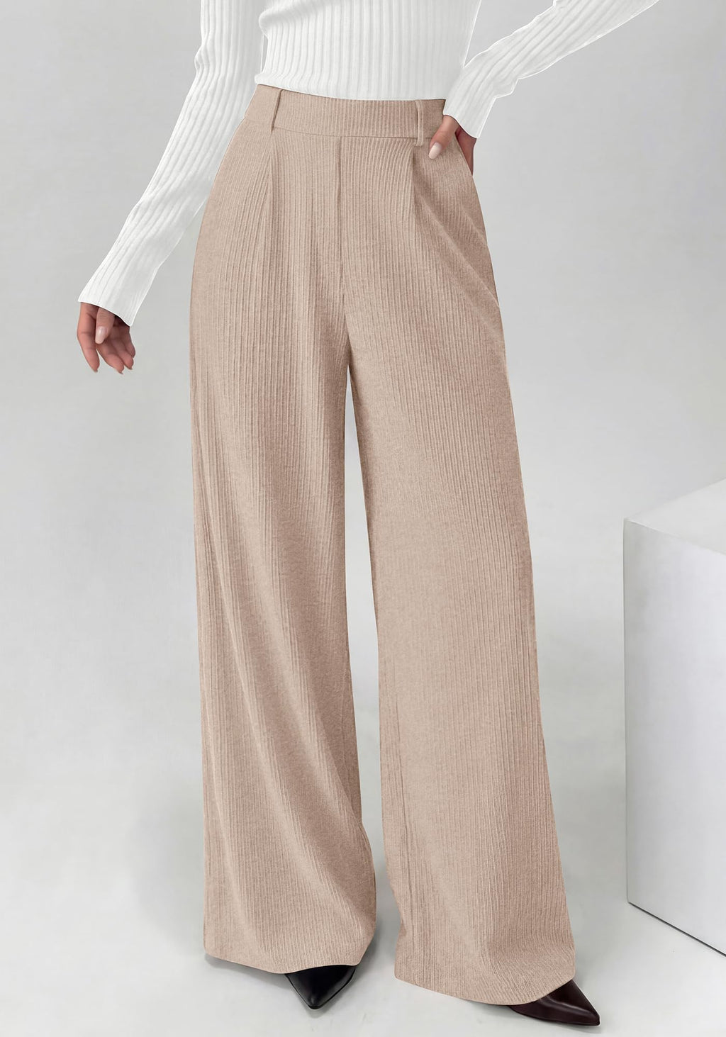BTFBM Wide Leg Pants for Women Dressy Work Business Casual Elastic High Waisted Trousers Ribbed Lounge Palazzo Pants