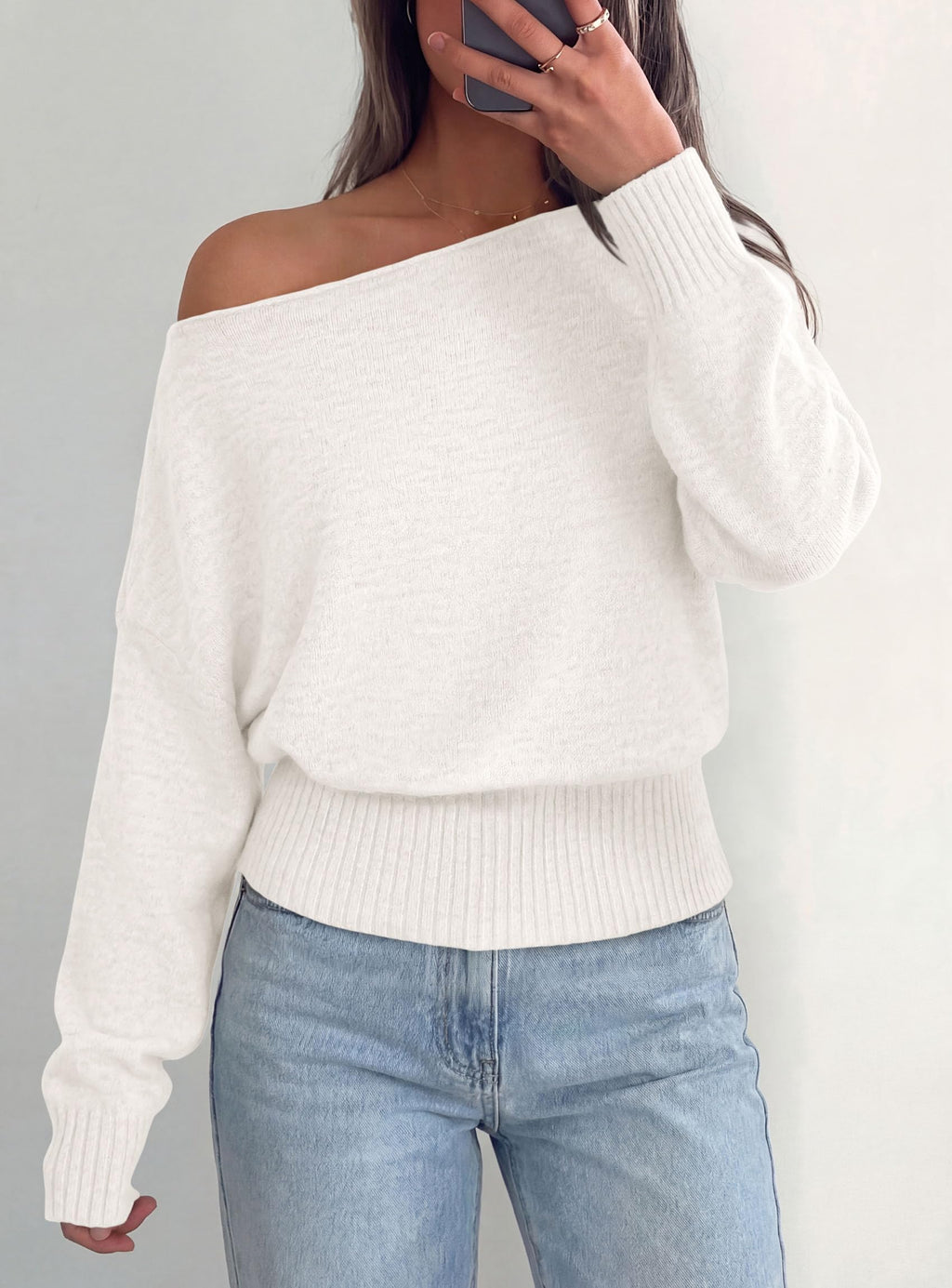 PRETTYGARDEN Womens Off The Shoulder Sweater Fall Fashion Soft Stretchy Knit Fabric, Batwing Long Sleeve Cinched Waist Cropped Sweaters, Date Night Outfit, Asymmetrical Going Out Tops