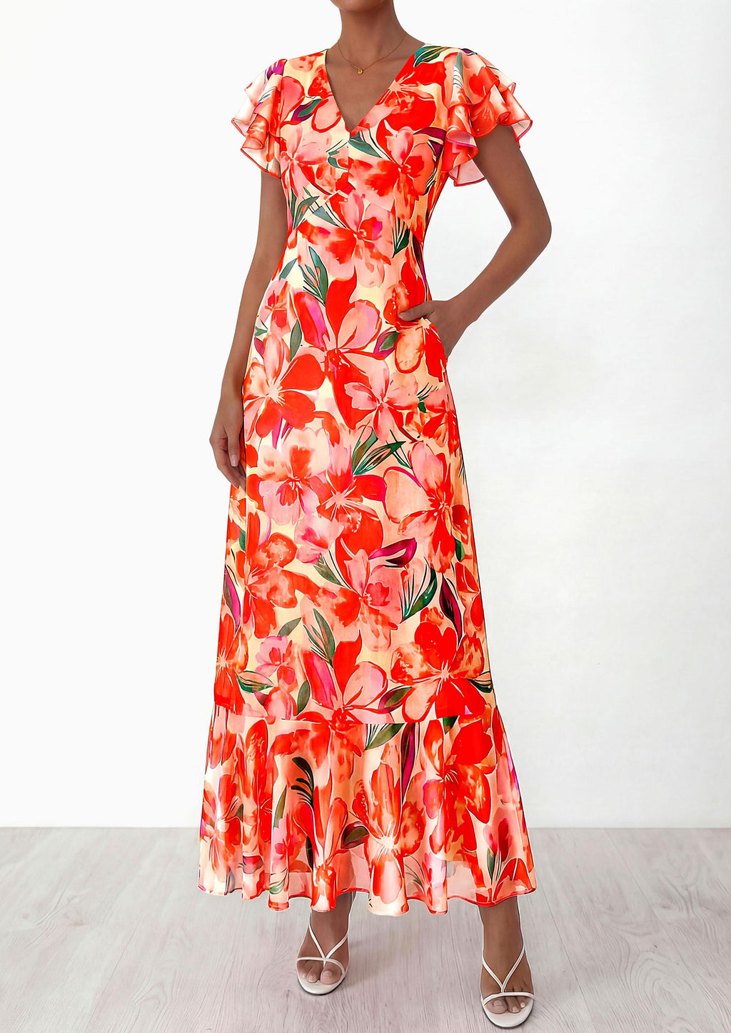 PRETTYGARDEN Womens Summer Floral Maxi Dresses Spring Short Sleeve Ruffle V Neck Flowy Boho Long Beach Vacation Sundress