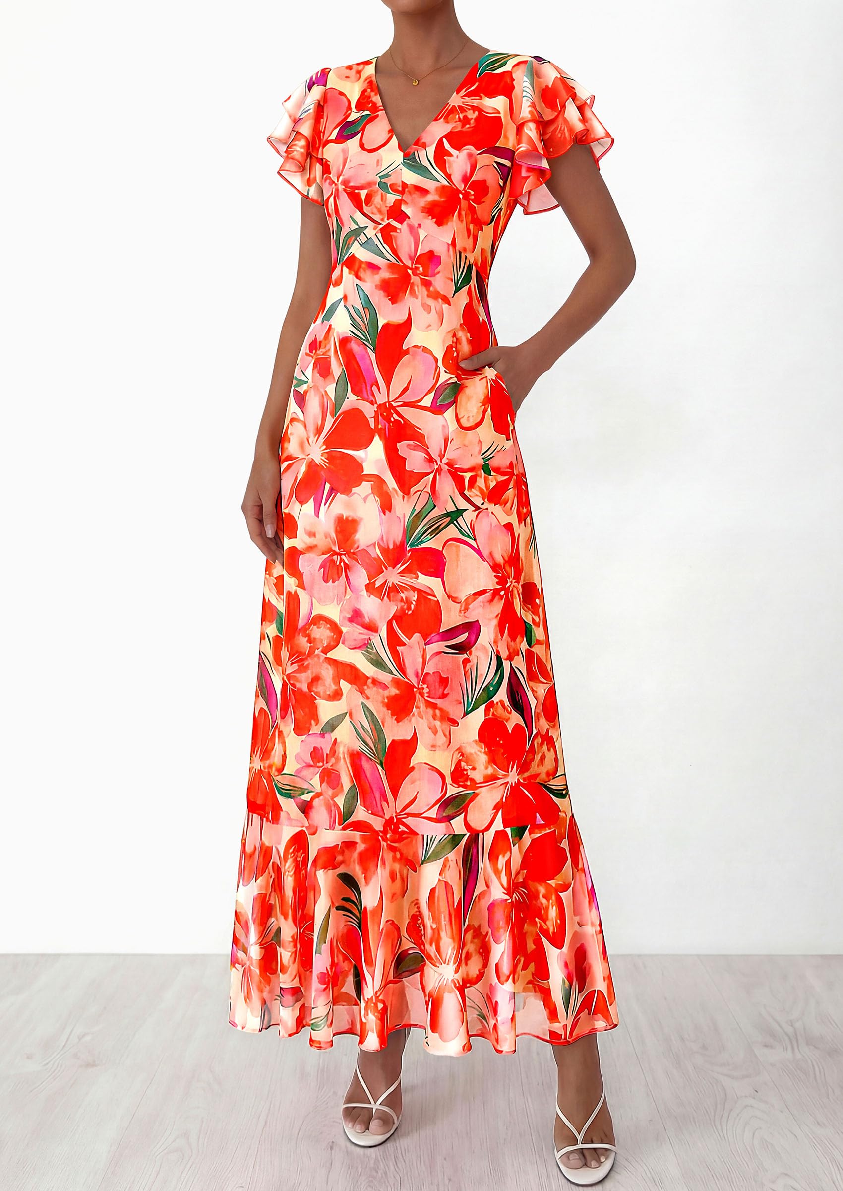 PRETTYGARDEN Womens Summer Floral Maxi Dresses Spring Short Sleeve Ruffle V Neck Flowy Boho Long Beach Vacation Sundress