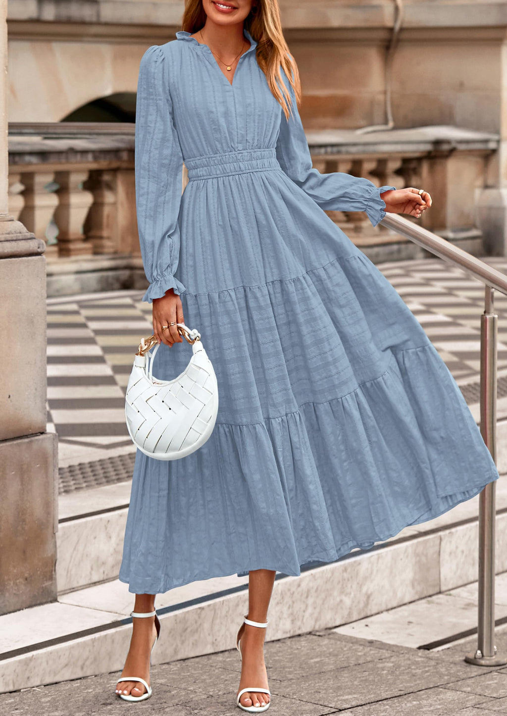 PRETTYGARDEN Women's Fall Wedding Guest Dresses Long Sleeve V Neck Flowy Elegant Holiday Party Maxi Dress with Pockets