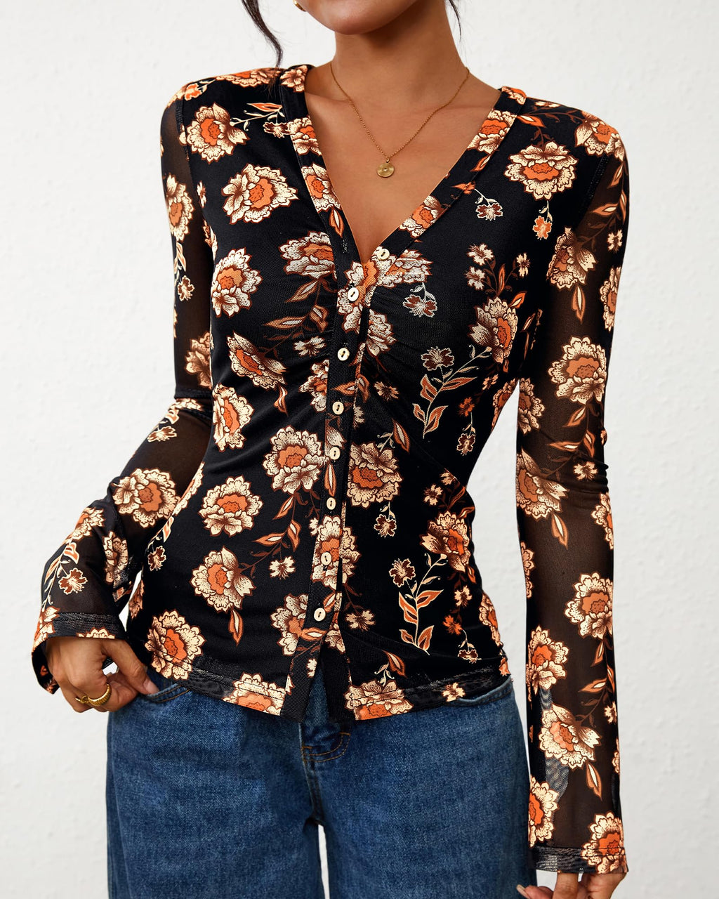FreshPretty Button Down Shirts for Women Fall Fashion V Neck Long Sleeve Blouse Ruched Mesh Fitted Floral Print Boho Tops