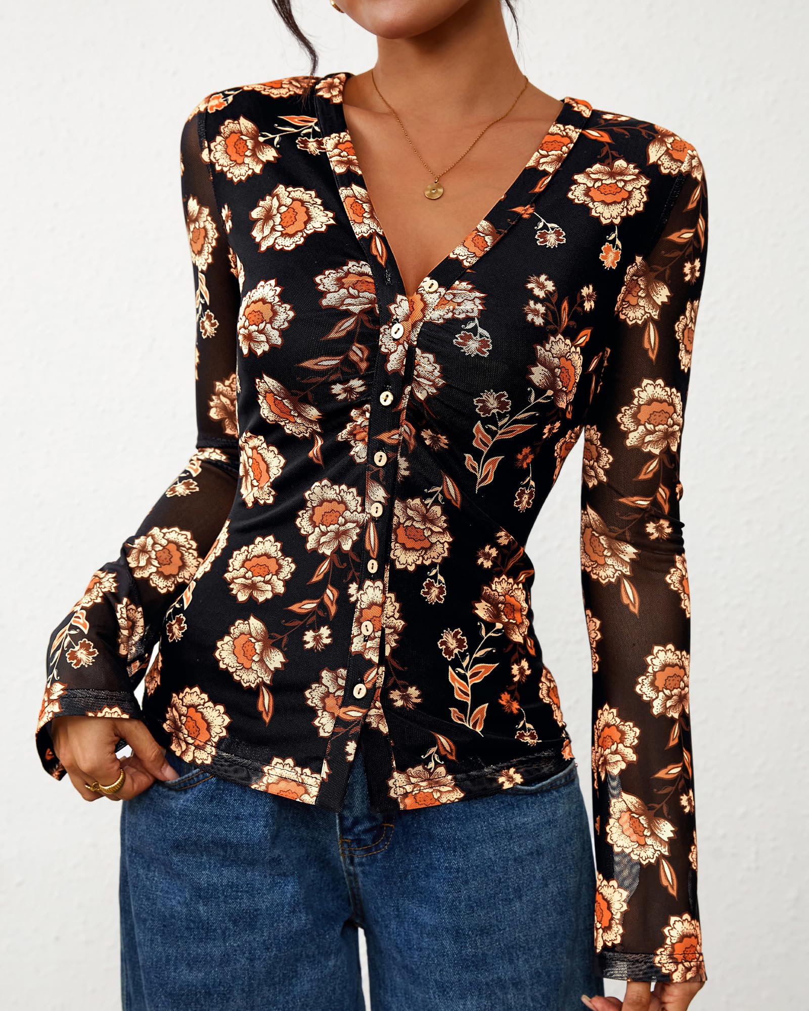 FreshPretty Button Down Shirts for Women Fall Fashion V Neck Long Sleeve Blouse Ruched Mesh Fitted Floral Print Boho Tops