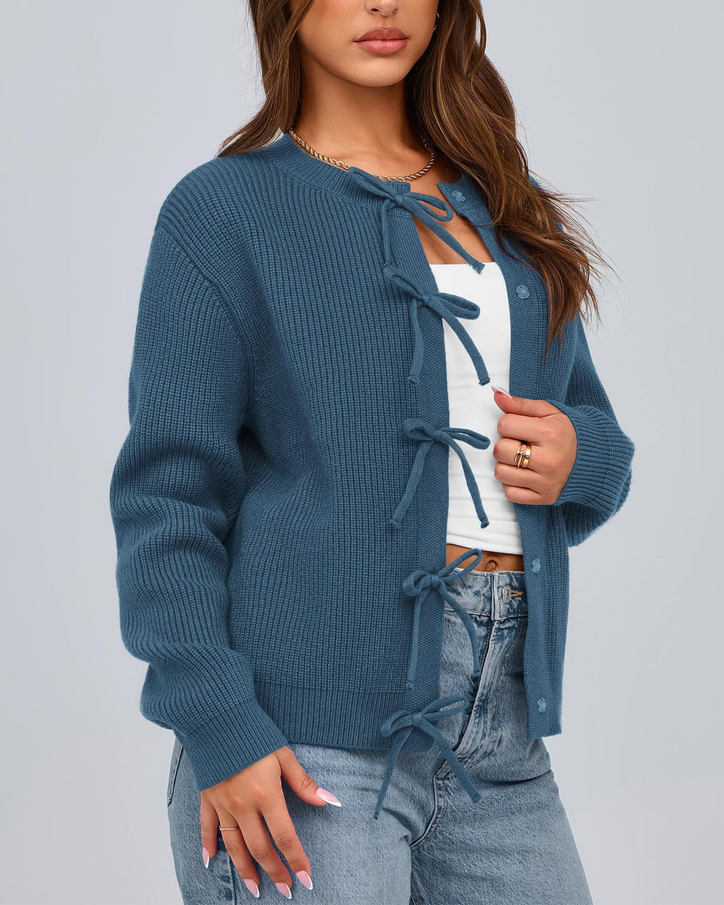 BTFBM Bow Cropped Cardigan Sweaters for Women Fall Winter Open Front Sweater Long Sleeve Button Fashion Spring Clothes