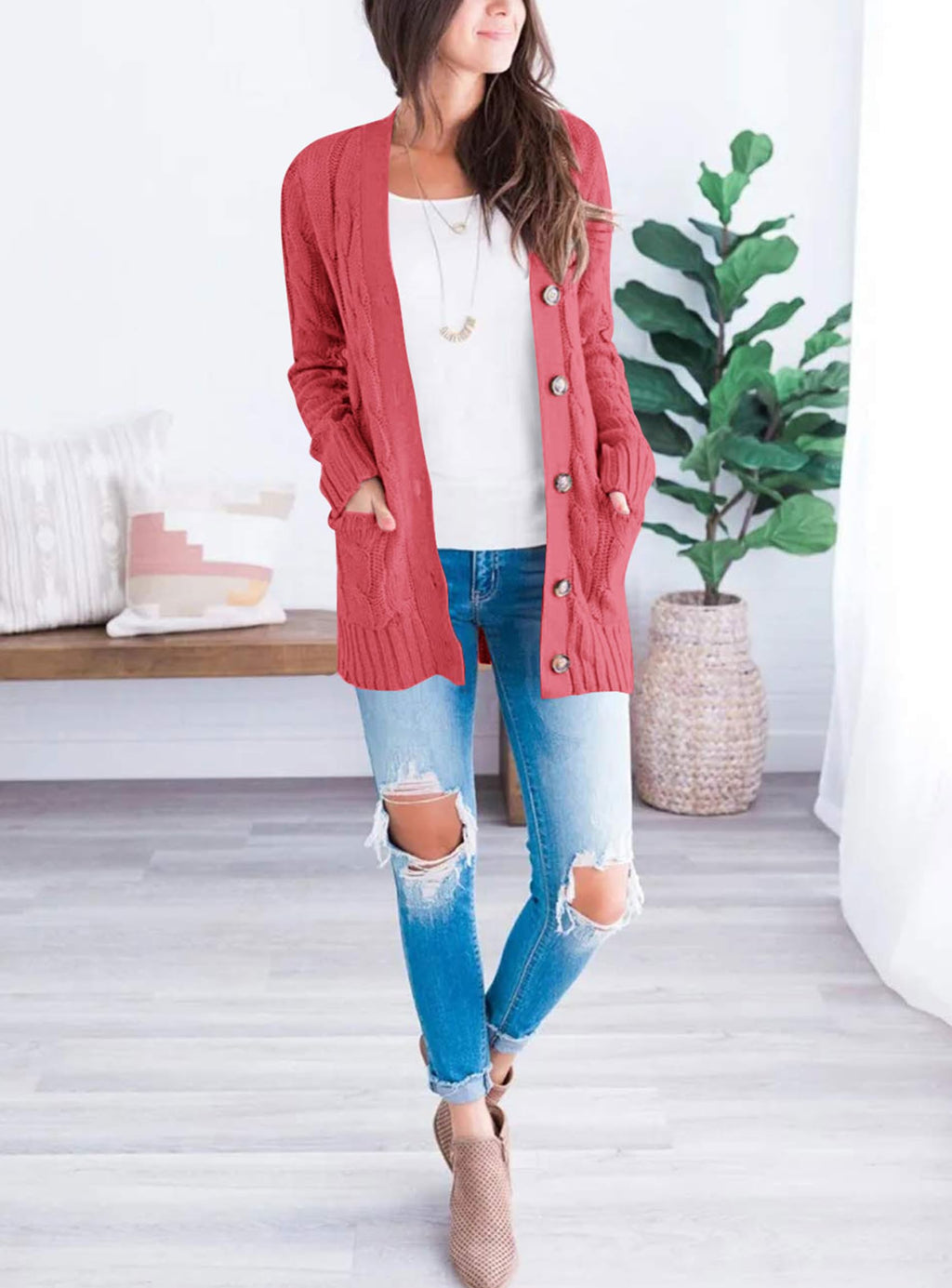 PRETTYGARDEN Women's Open Front Cardigan Sweaters Fall Fashion Button Down Cable Knit Chunky Winter Clothing Outerwear Coats