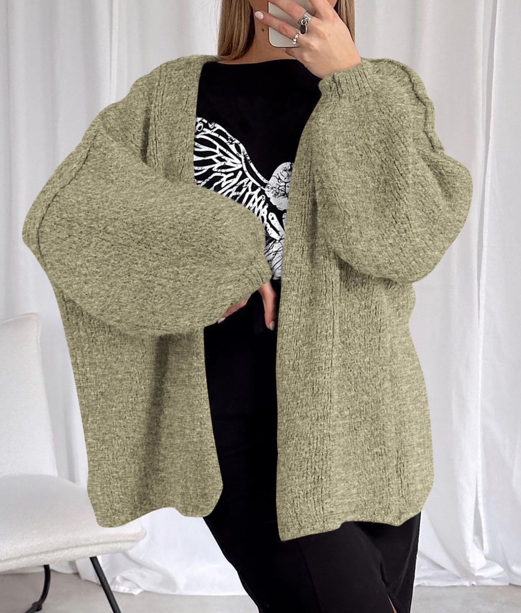 PRETTYGARDEN Womens Oversized Cardigan Sweaters Fall Long Lantern Sleeve Knit Open Front Lightweight Sweater