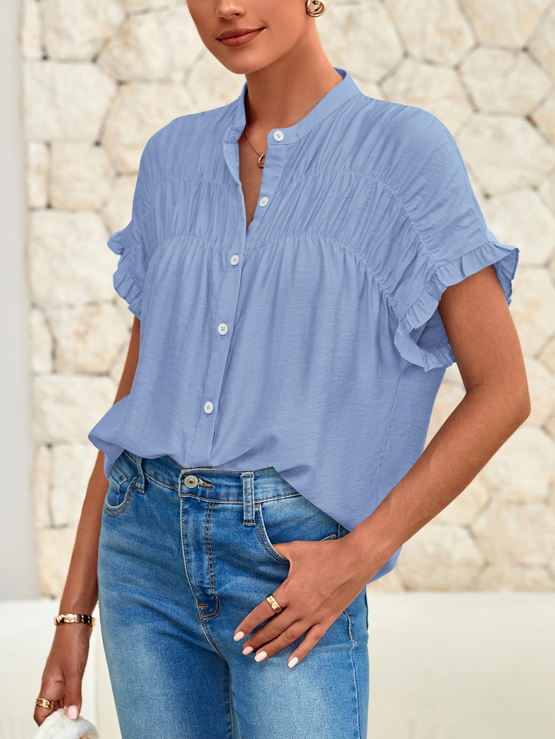 FreshPretty Womens Button Down Shirts Ruffle Short Sleeve Loose Summer Tops Dressy Casual V Neck Business Work Blouses