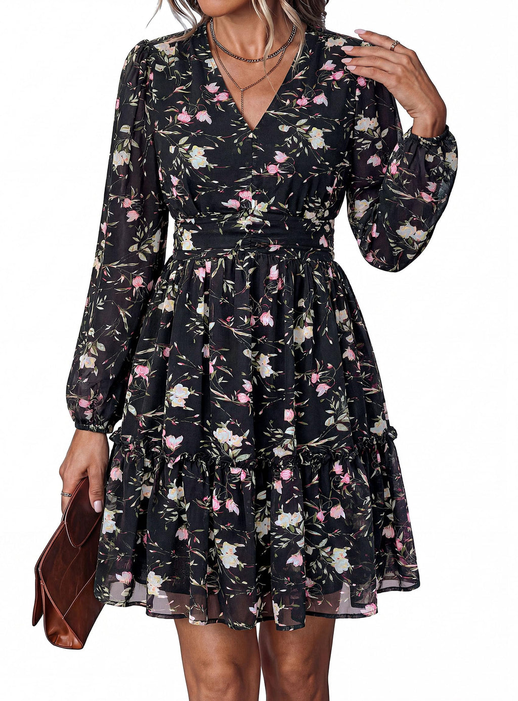 PRETTYGARDEN Women Floral Long Sleeve Mini Dress | Fall Wedding Guest Dresses, V Neck, Fit & Flare, Ruffle Hem A-Line, Short Chiffon Dress, Elegant Holiday Party, Date Outfits