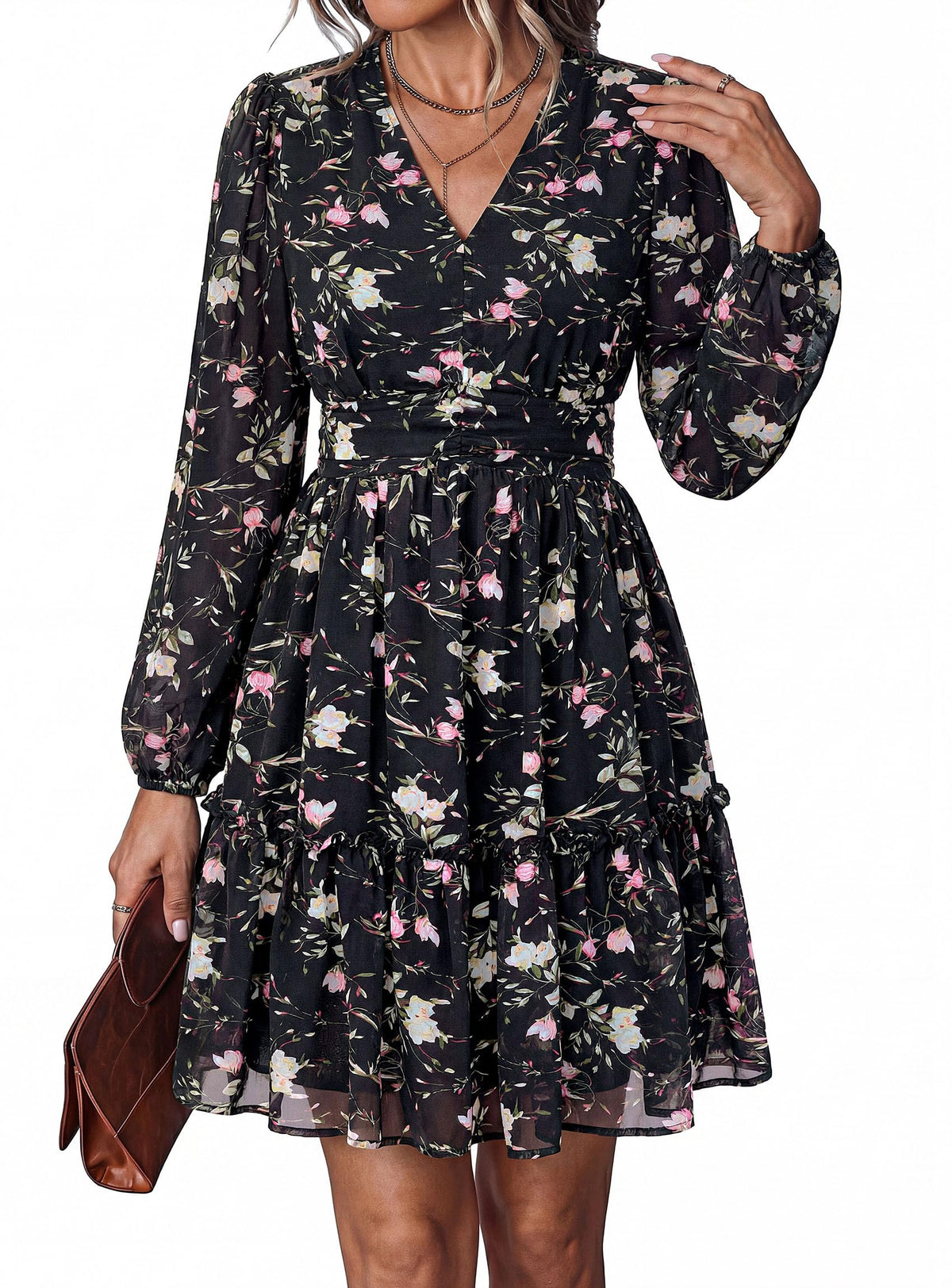 PRETTYGARDEN Women Floral Long Sleeve Mini Dress | Fall Wedding Guest Dresses, V Neck, Fit & Flare, Ruffle Hem A-Line, Short Chiffon Dress, Elegant Holiday Party, Date Outfits