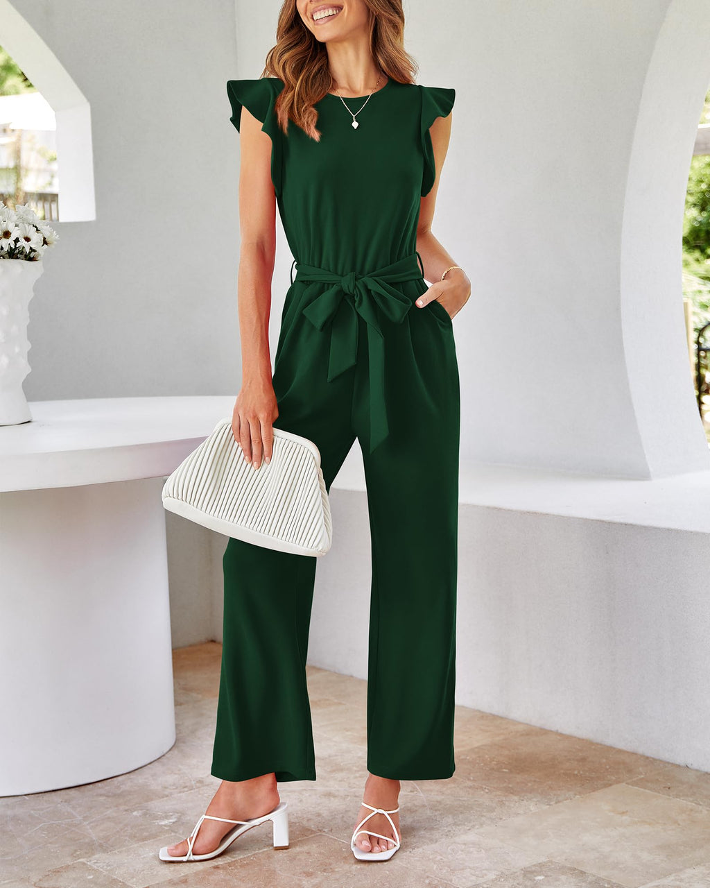 BTFBM Jumpsuits For Women Crew Neck Dressy Cap Sleeve Belted High Waist Wide Leg Romper One Piece Casual Outfits Pockets