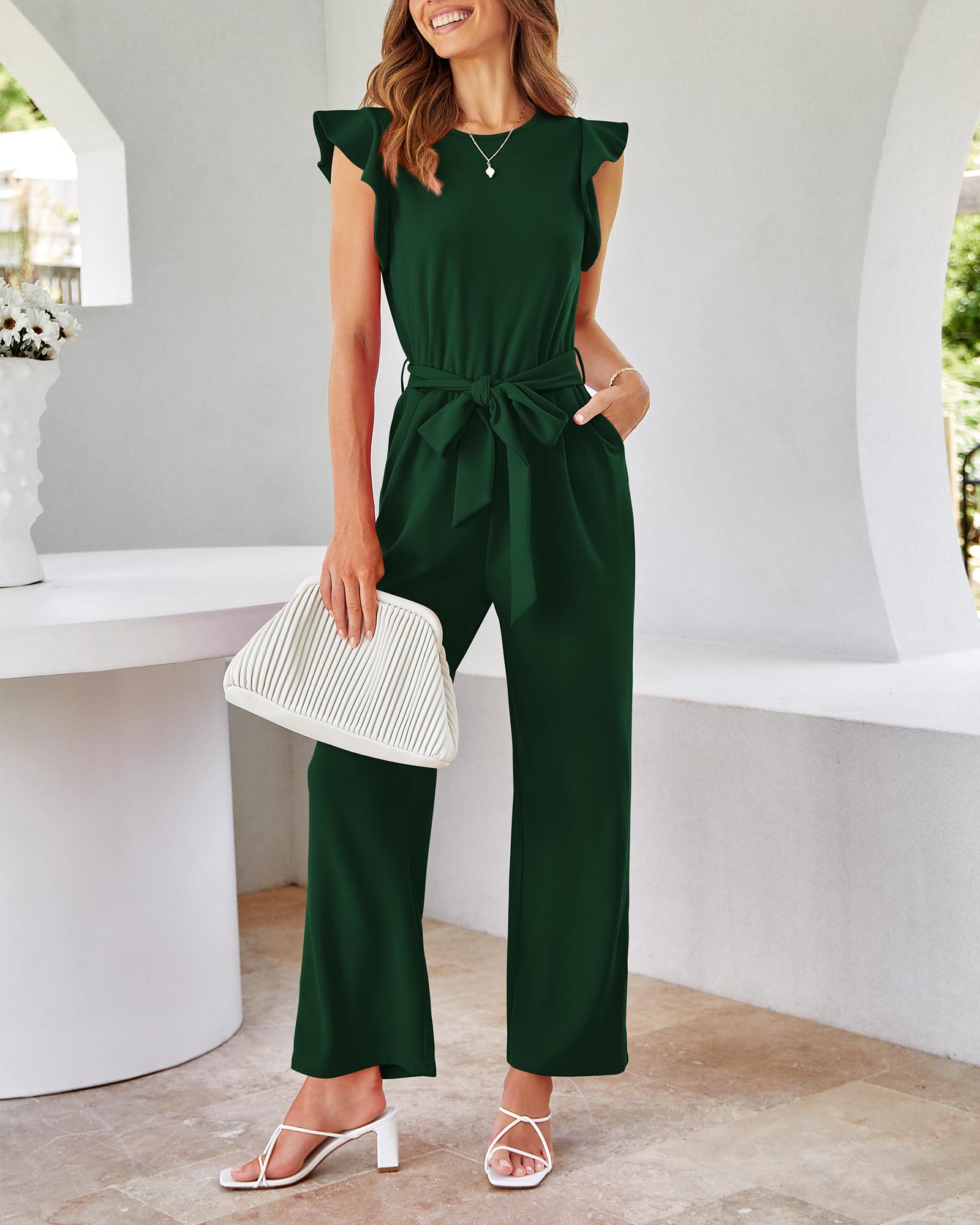 BTFBM Jumpsuits For Women Crew Neck Dressy Cap Sleeve Belted High Waist Wide Leg Romper One Piece Casual Outfits Pockets