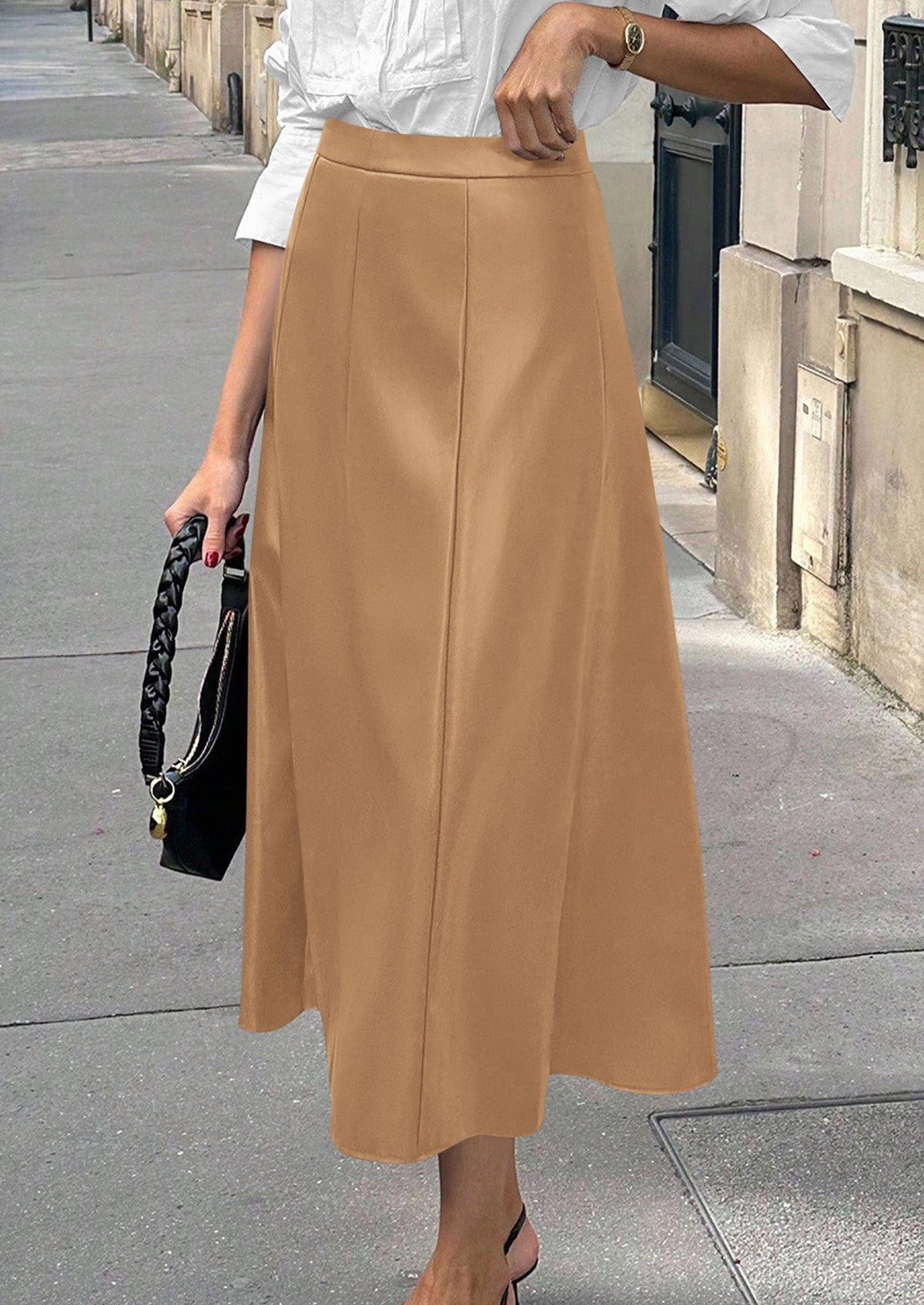PRETTYGARDEN Womens Faux Leather High Waisted Midi Skirt | Flowy A Line Pleated Skirts, Elegant Swing Flared, Work Business Casual Outfits, Fall Winter Fashion Clothes