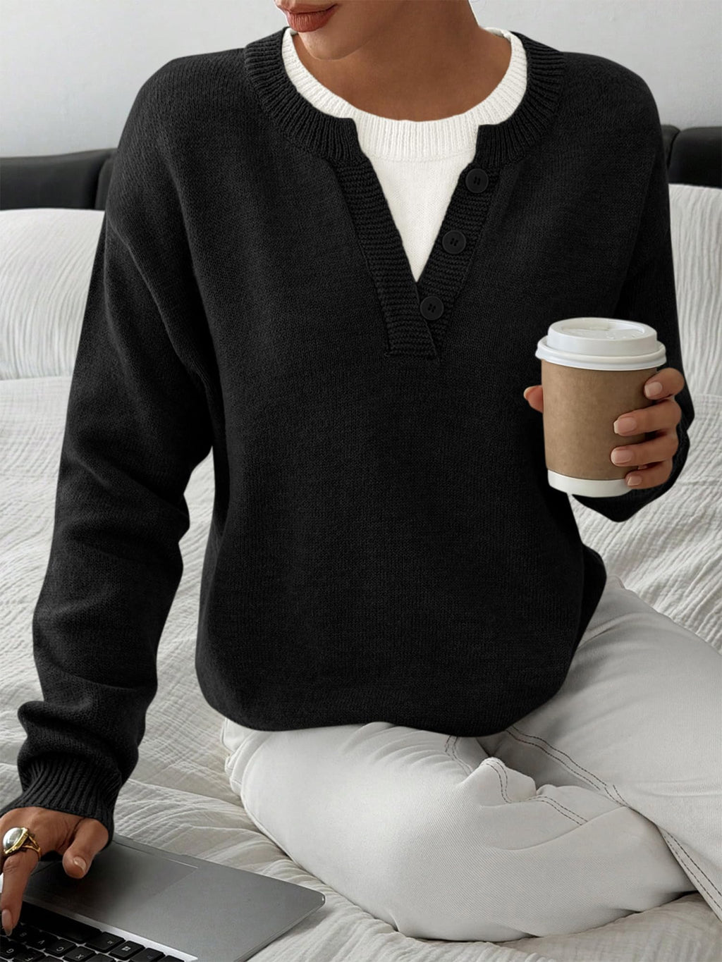 BTFBM Women Long Sleeve Crew Neck Sweaters Tops, 2 in1 Knitted Pullover, Deco Buttons, Oversized, Stretchy, Vacation, Business Casual Outfits, Fall Winter Trendy