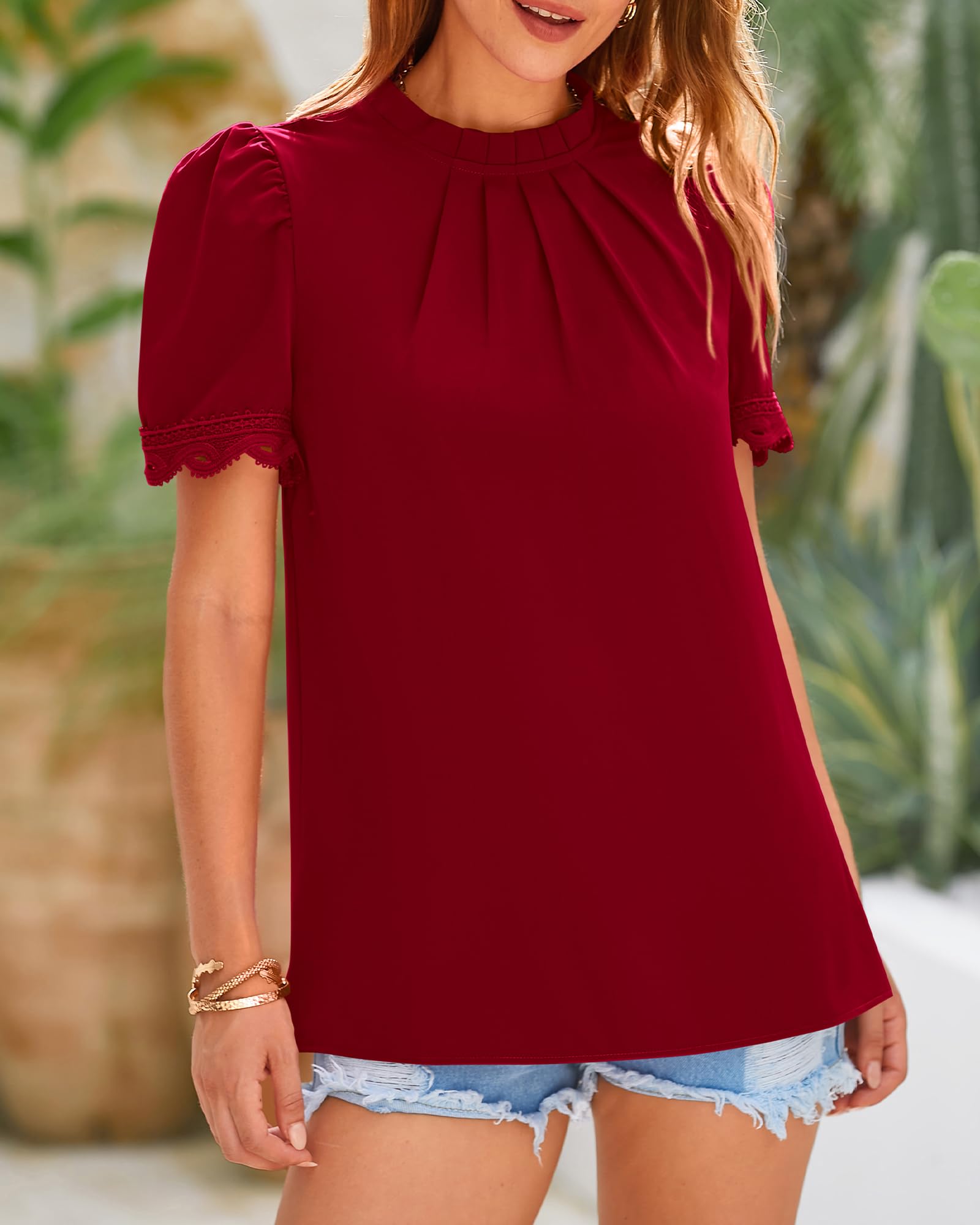 FreshPretty Women's Dressy Casual Blouses Business Work Tops Lace Trim Short Sleeve Office Shirts Summer Spring Outfits