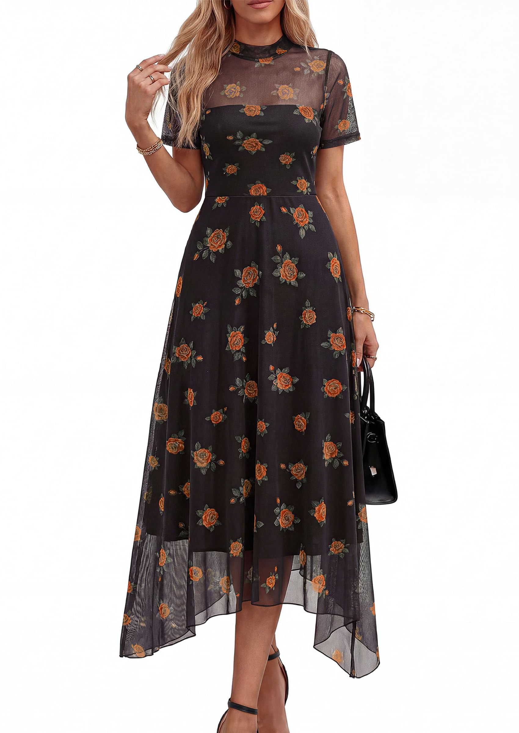 PRETTYGARDEN Cocktail Dresses for Women  Summer Short Sleeve Floral Mesh Sheer Midi Party Wedding Guest Dress