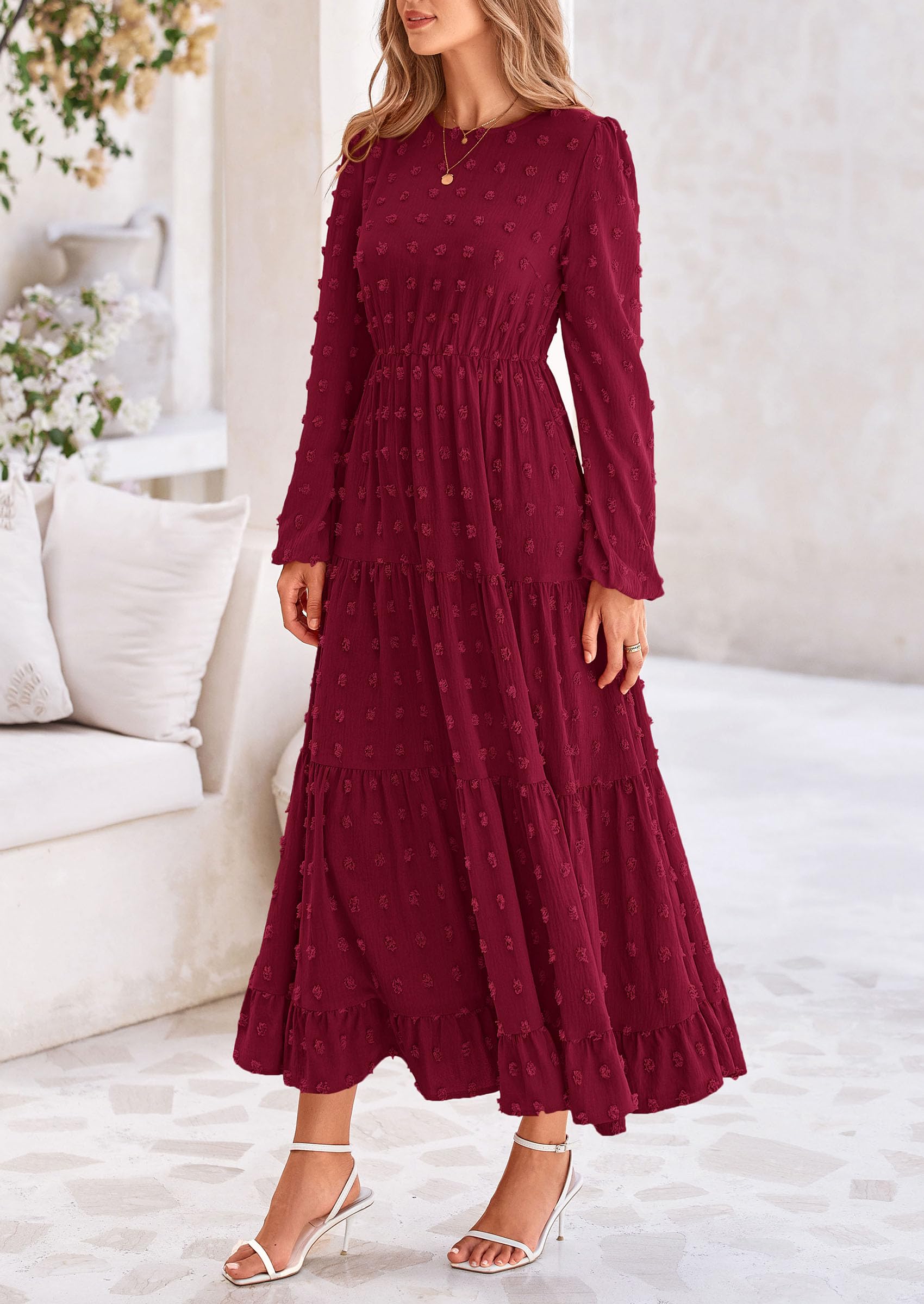 PRETTYGARDEN Women's Fall Spring Elegant Long Sleeve Maxi Dress Swiss Dot A Line Flowy Casual Holiday Party Going Out Dresses