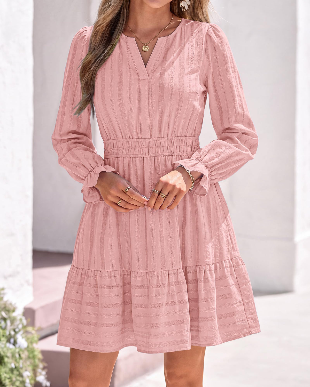 BTFBM Women Long Sleeve Flowy A Line Mini Fall Dress V Neck Puff Cuffs Elastic Waist Tiered Ruffle, Lightweight Small Hollow Out, Cute Casual Boho, Party Wedding Guest Dresses