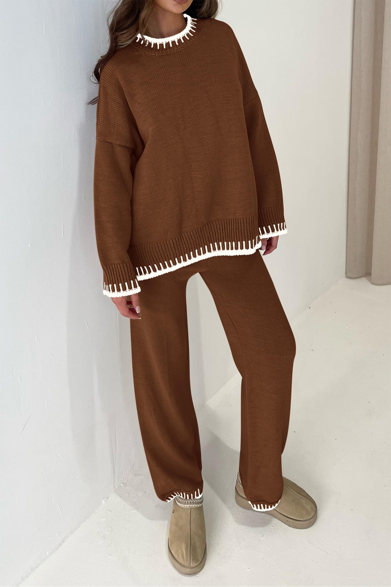 PRETTYGARDEN Women's 2 Piece Knit Sweater Outfit Casual Long Sleeve Pullover Wide Leg Pants Tracksuit Loungewear Set