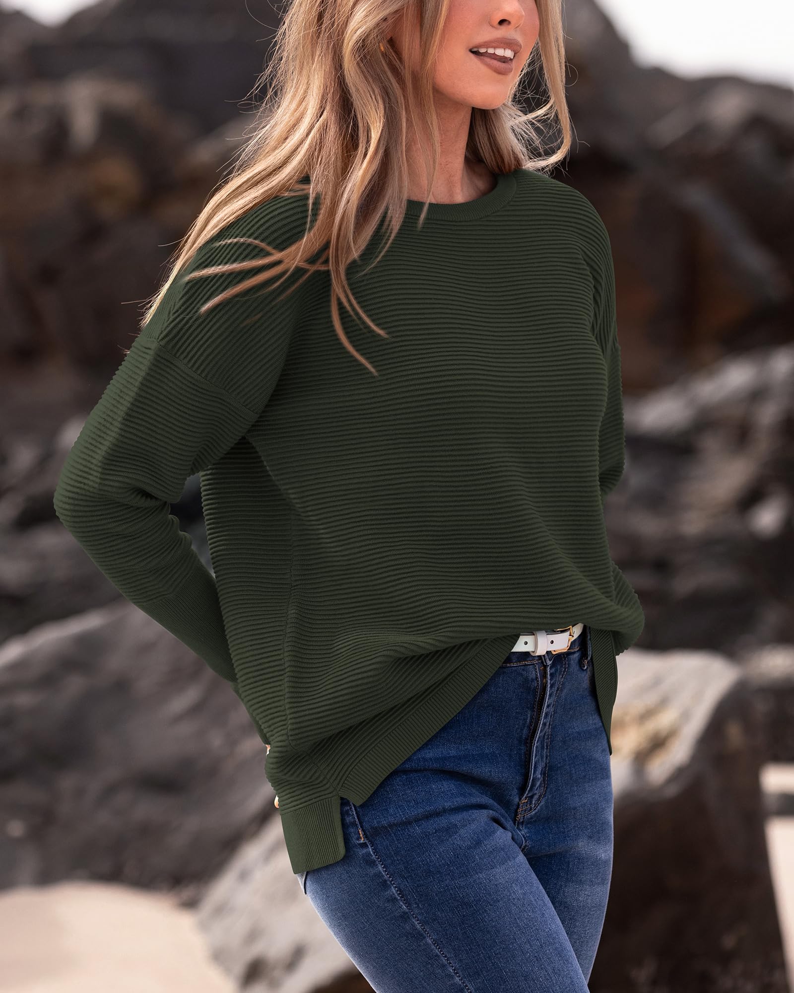 FreshPrettyFall Sweaters for Women Casual Long Sleeve Sweater Striped Loose Fit Pullover Tops