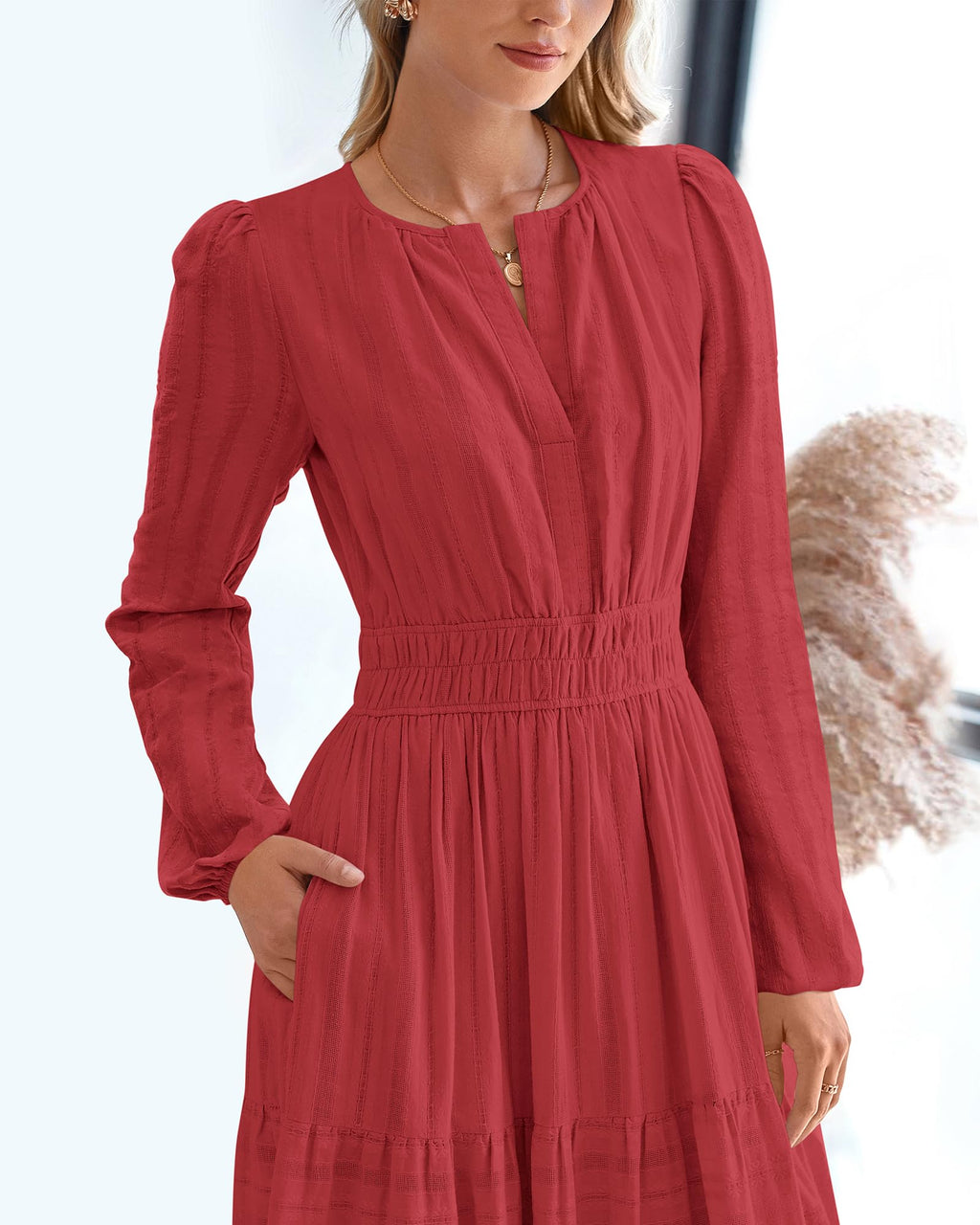 BTFBM Spring Dresses for Women 2026 Casual Long Sleeve V Neck Elastic Waist Lightweight Maxi Wedding Guest Dress Pockets
