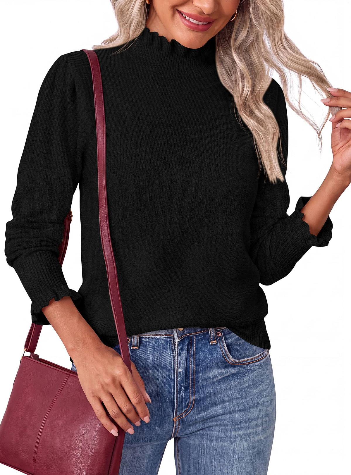 PRETTYGARDEN Women's Fall Cozy Sweaters Trendy Ruffle Mock Neck Pullover Soft Stretchy Warm, Ribbed Knit, Cute Tops, Puff Long Sleeve Blouses, Dressy Casual Shirts,Winter Clothing
