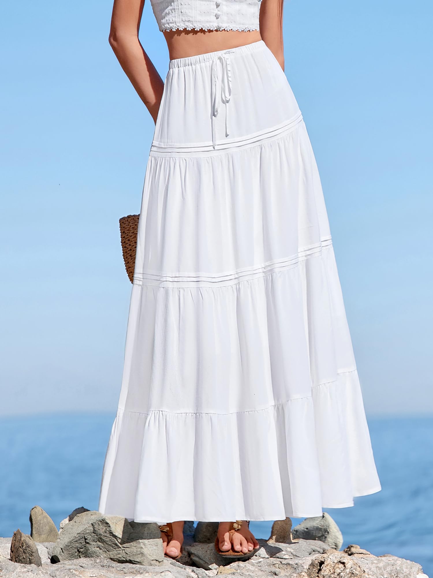 BTFBM Spring Skirts for Women Summer Boho Beach Vacation Clothes Casual Pleated High Waisted Flowy Maxi Skirt