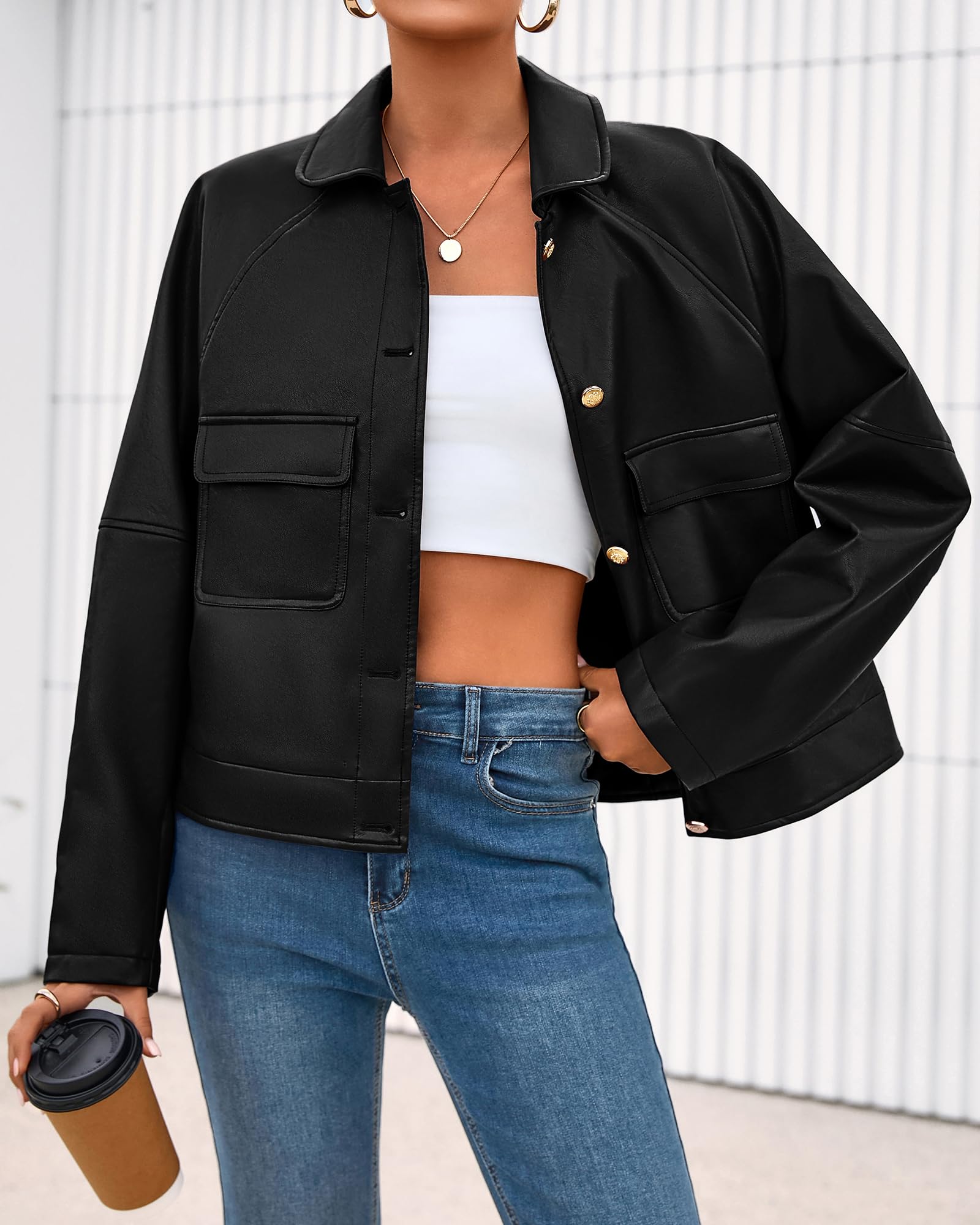 FreshPretty Leather Jacket Women Fall Clothes Long Sleeve Button Down Winter Coats Oversized Motorcycle Outwear