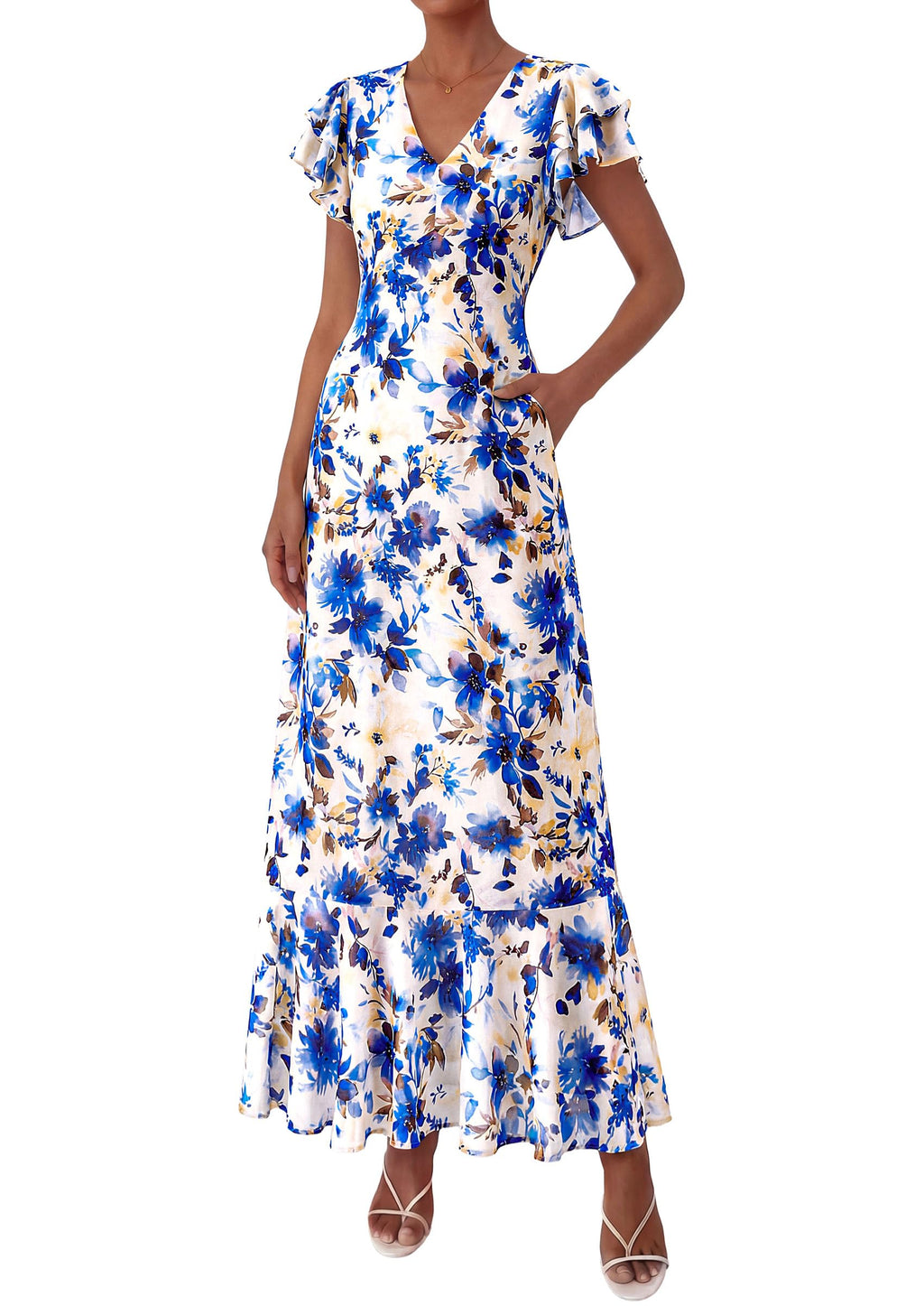 PRETTYGARDEN Womens Summer Floral Maxi Dresses Spring Short Sleeve Ruffle V Neck Flowy Boho Long Beach Vacation Sundress