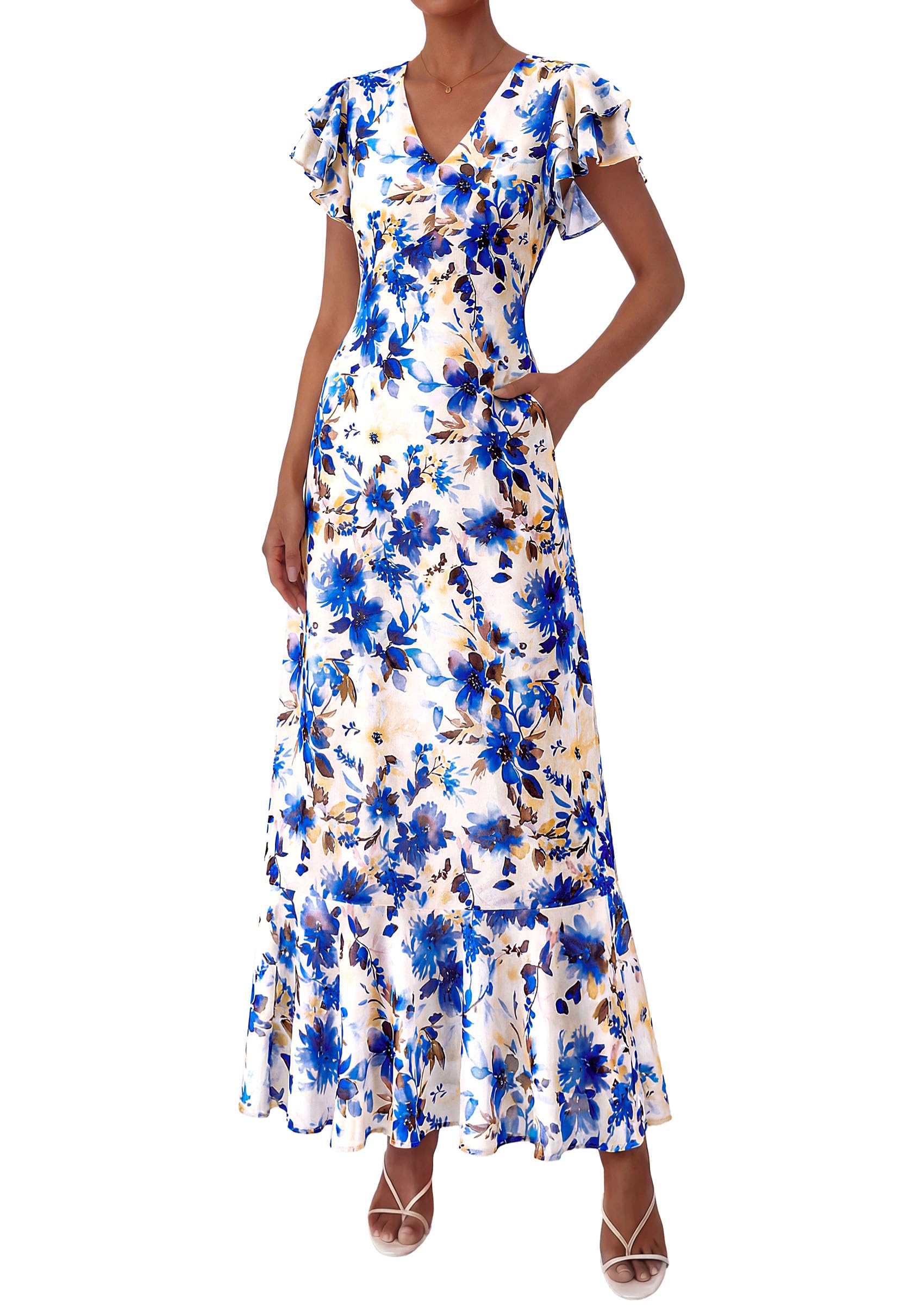 PRETTYGARDEN Womens Summer Floral Maxi Dresses Spring Short Sleeve Ruffle V Neck Flowy Boho Long Beach Vacation Sundress