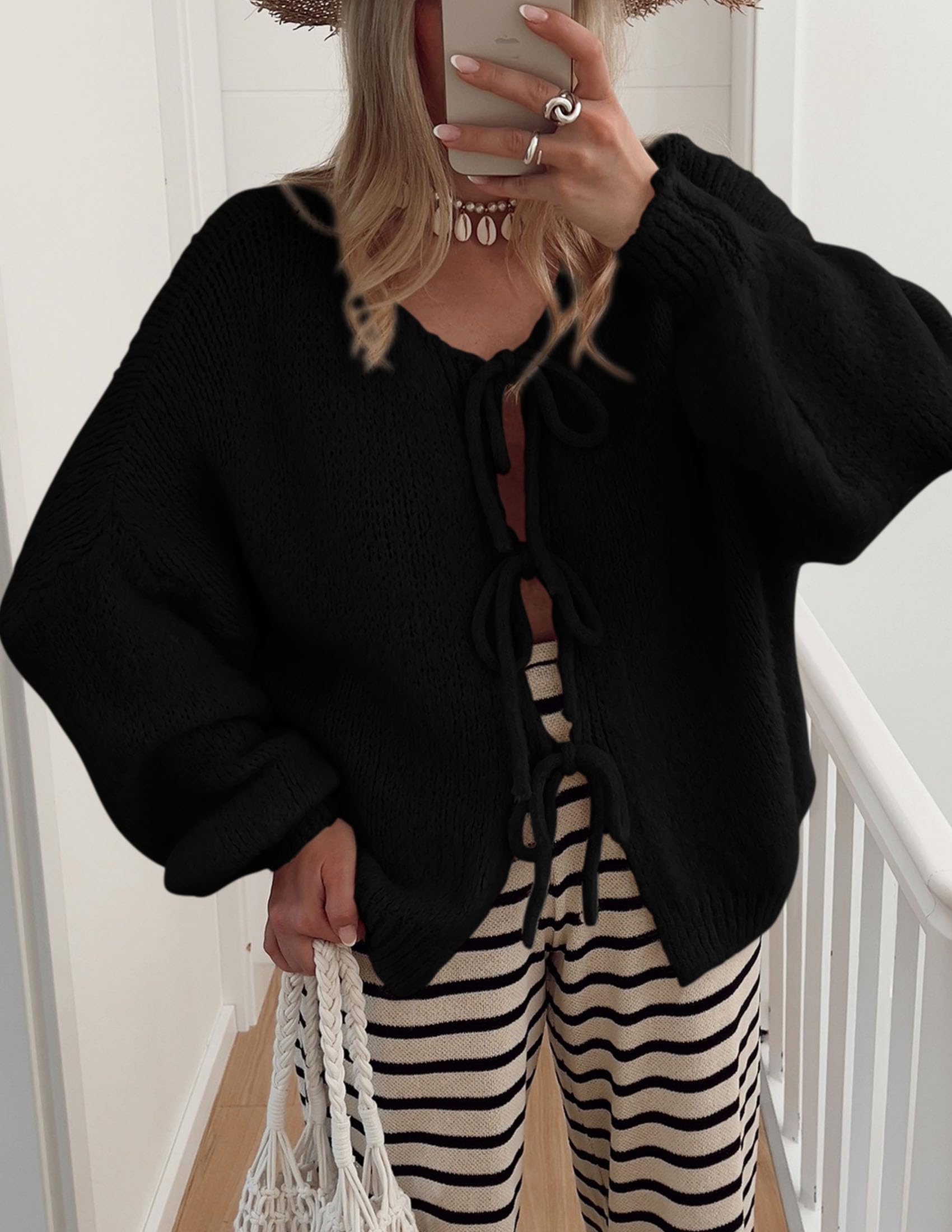 PRETTYGARDEN Women's Tie Front Bow Cardigan Sweaters Chunky Knit Long Puff Sleeve Trendy Fall Winter Jacket Coat