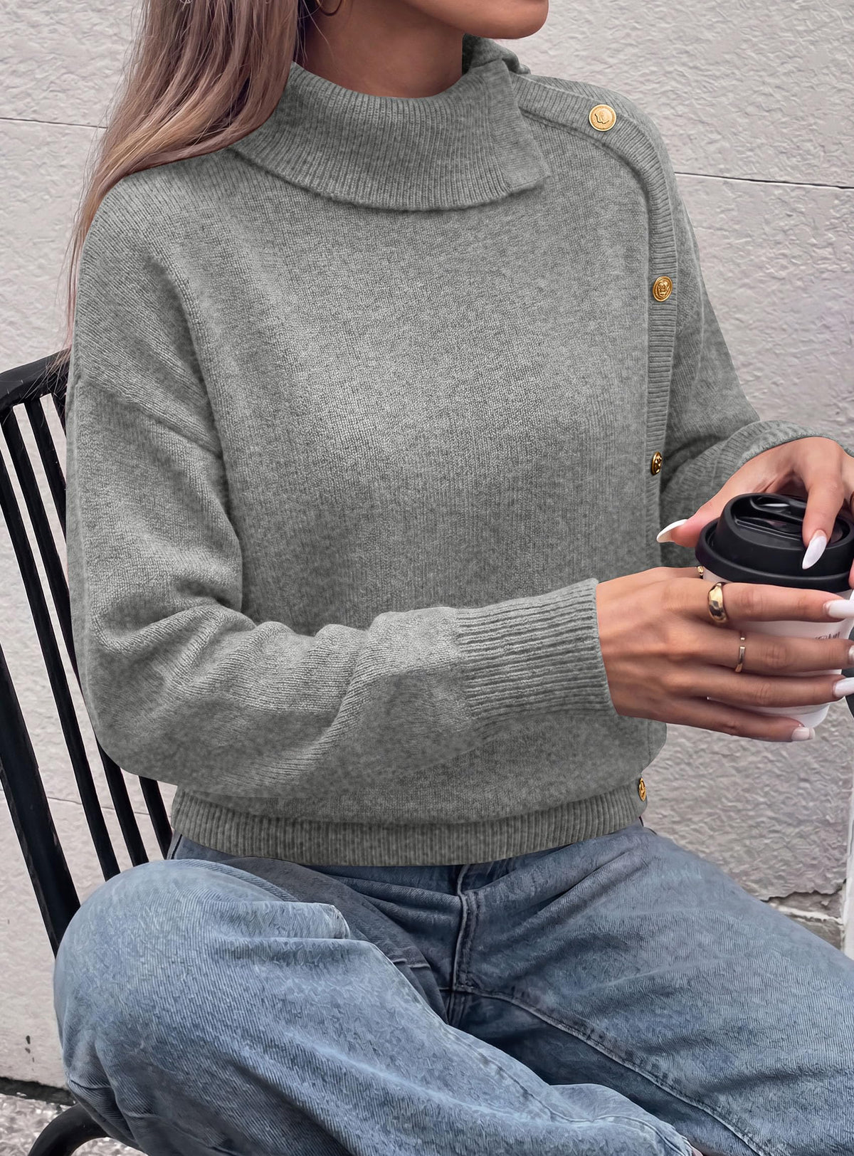 PRETTYGARDEN Womens Turtleneck Sweater Pullover Side Button Fall Clothes Stretchy Knit,Dropped Shoulder,Ribbed Cuffs,Asymmetrical,Jumper Long Sleeve Tops,Work Offices