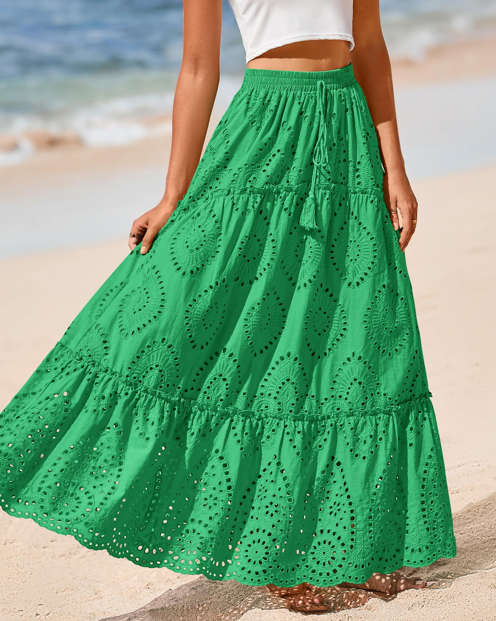 BTFBM Long Skirts for Women Summer Boho Lace Embroidery High Waist Flowy Tiered Spring Maxi Skirt Beach Vacation
