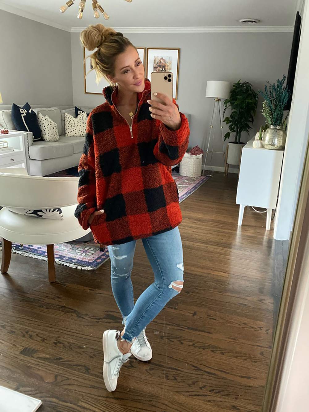 BTFBM Womens Sweatshirt Sherpa Quarter Zip Pullover Fall Winter Long Sleeve Fleece Sweaters Hoodies Sweatshirts Clothes