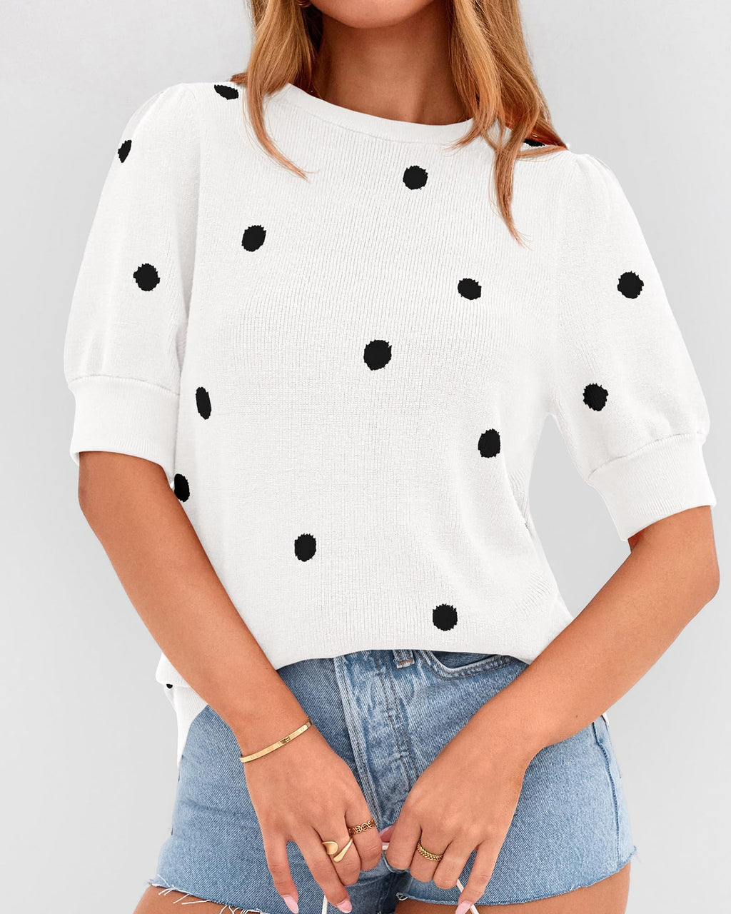 BTFBM Womens Sweaters Polka Dot Short Sleeve Sweater for Women Crew Neck Knit Summer Tops Business Dressy Casual Blouses