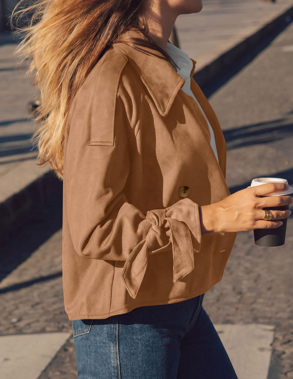 PRETTYGARDEN Women Faux Suede Double Breasted Trench Coat Cropped Jackets Raglan Long Sleeve,Lapel,Tie Cuff,Button Down,Fall Fashion Outerwear,Winter Clothes,Work Office Casual Short Jacket