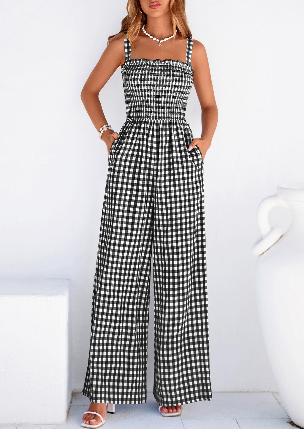 PRETTYGARDEN One Piece Jumpsuits for Women Casual Summer Cruise Outfits  Spring Fashion Smocked Wide Leg Gingham Rompers