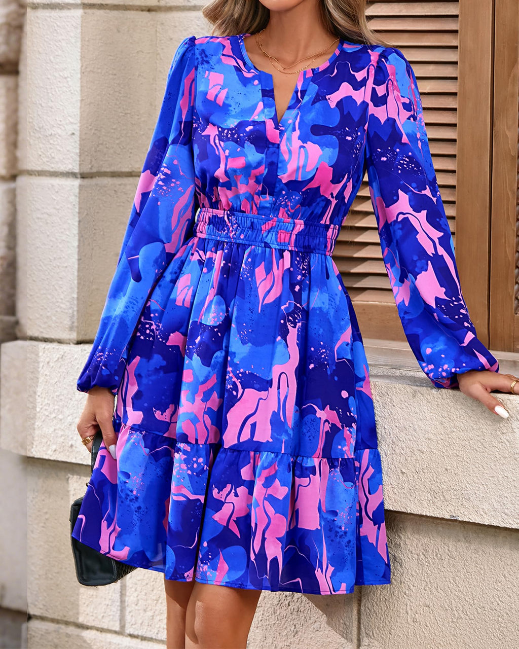 BTFBM Spring Dresses for Women Mini Long Sleeve Elastic Waist Summer Vacation Outfits Floral Wedding Guest Dress