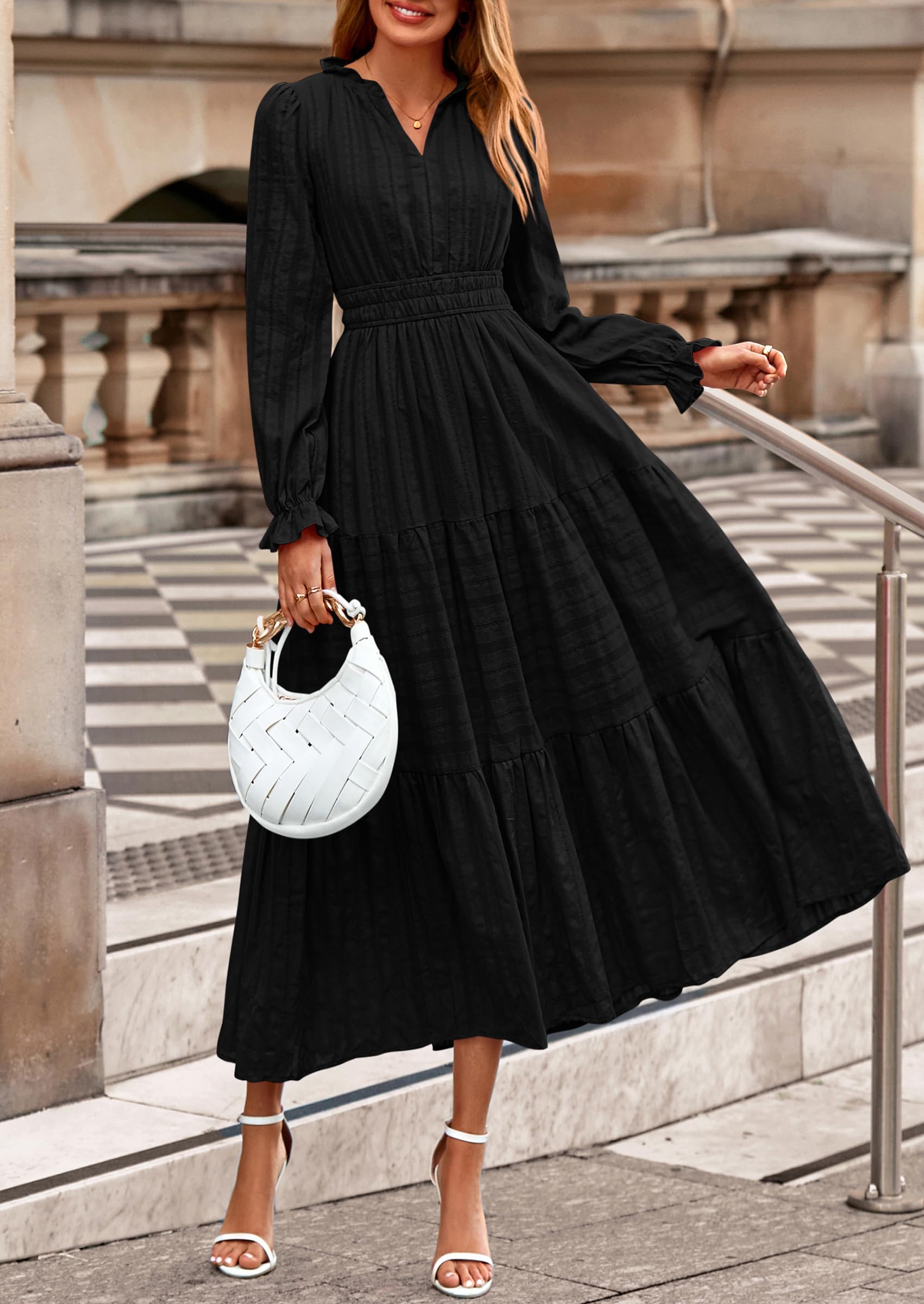 PRETTYGARDEN Women's Fall Wedding Guest Dresses Long Sleeve V Neck Flowy Elegant Holiday Party Maxi Dress with Pockets