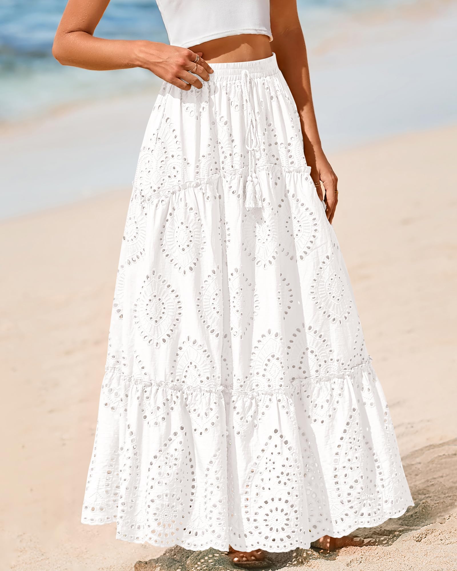 BTFBM Long Skirts for Women Summer Boho Lace Embroidery High Waist Flowy Tiered Spring Maxi Skirt Beach Vacation