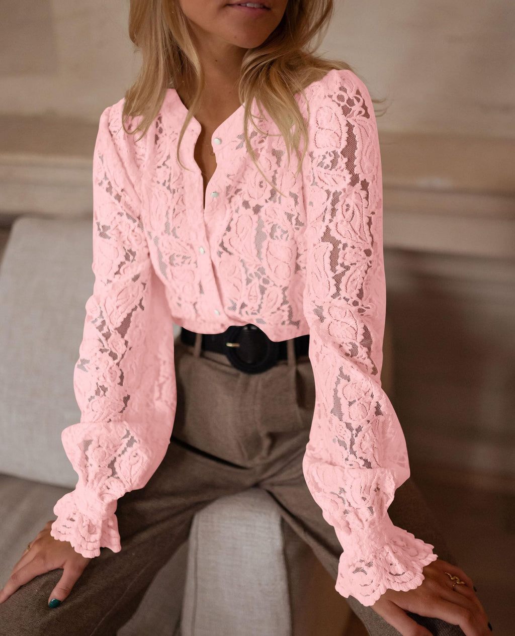 PRETTYGARDEN Women's Dressy Casual Lace Blouse Long Sleeve Button Up Shirts Tops Spring Fall Fashion Clothes