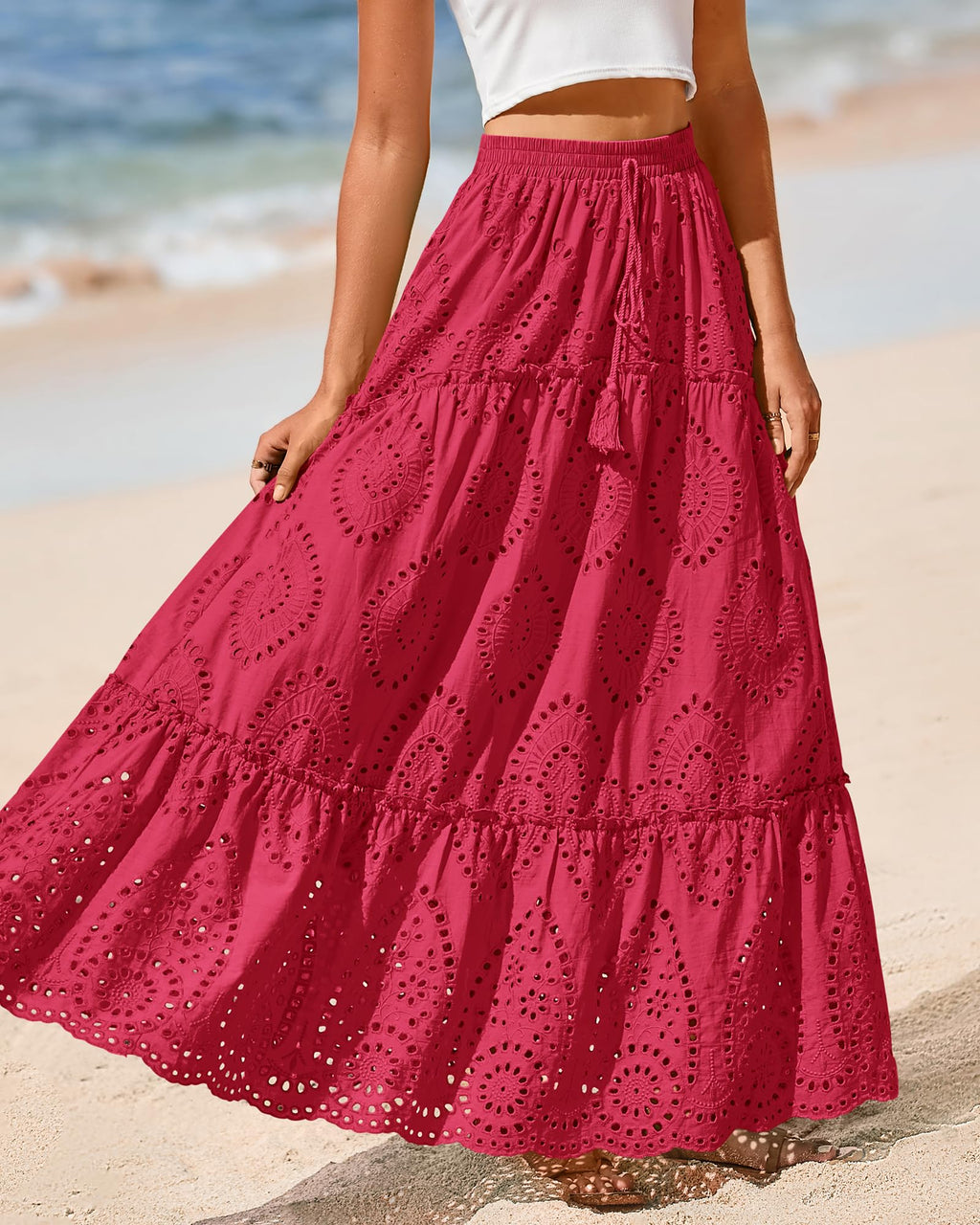 BTFBM Long Skirts for Women Summer Boho Lace Embroidery High Waist Flowy Tiered Spring Maxi Skirt Beach Vacation
