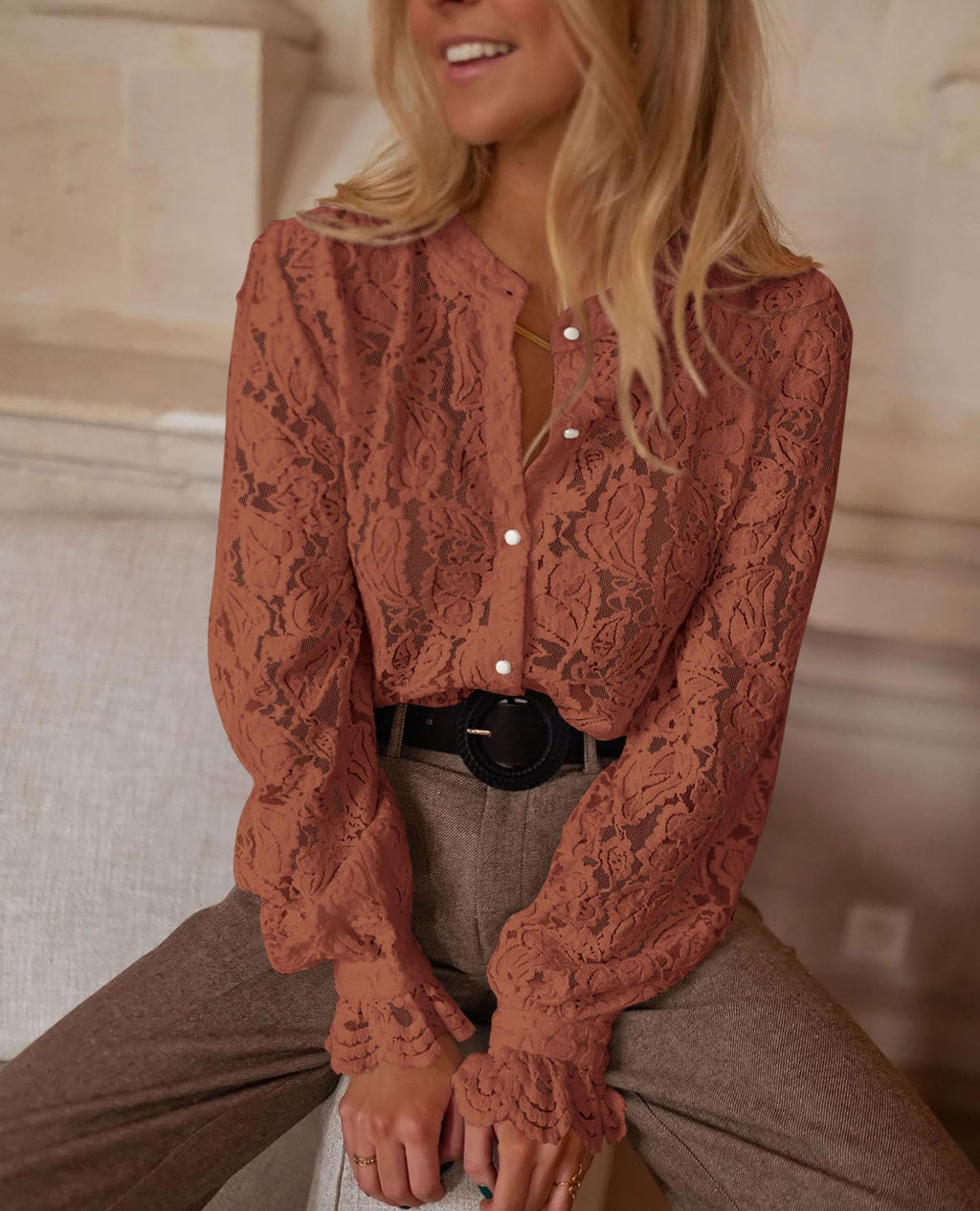 PRETTYGARDEN Women's Dressy Casual Lace Blouse Long Sleeve Button Up Shirts Tops Spring Fall Fashion Clothes