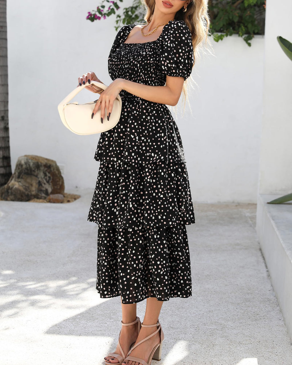 BTFBM Womens Square Neck Smocked Dress Summer Puff Short Sleeve Floral Casual Ruffle Tiered Maxi Wedding Guest Dresses