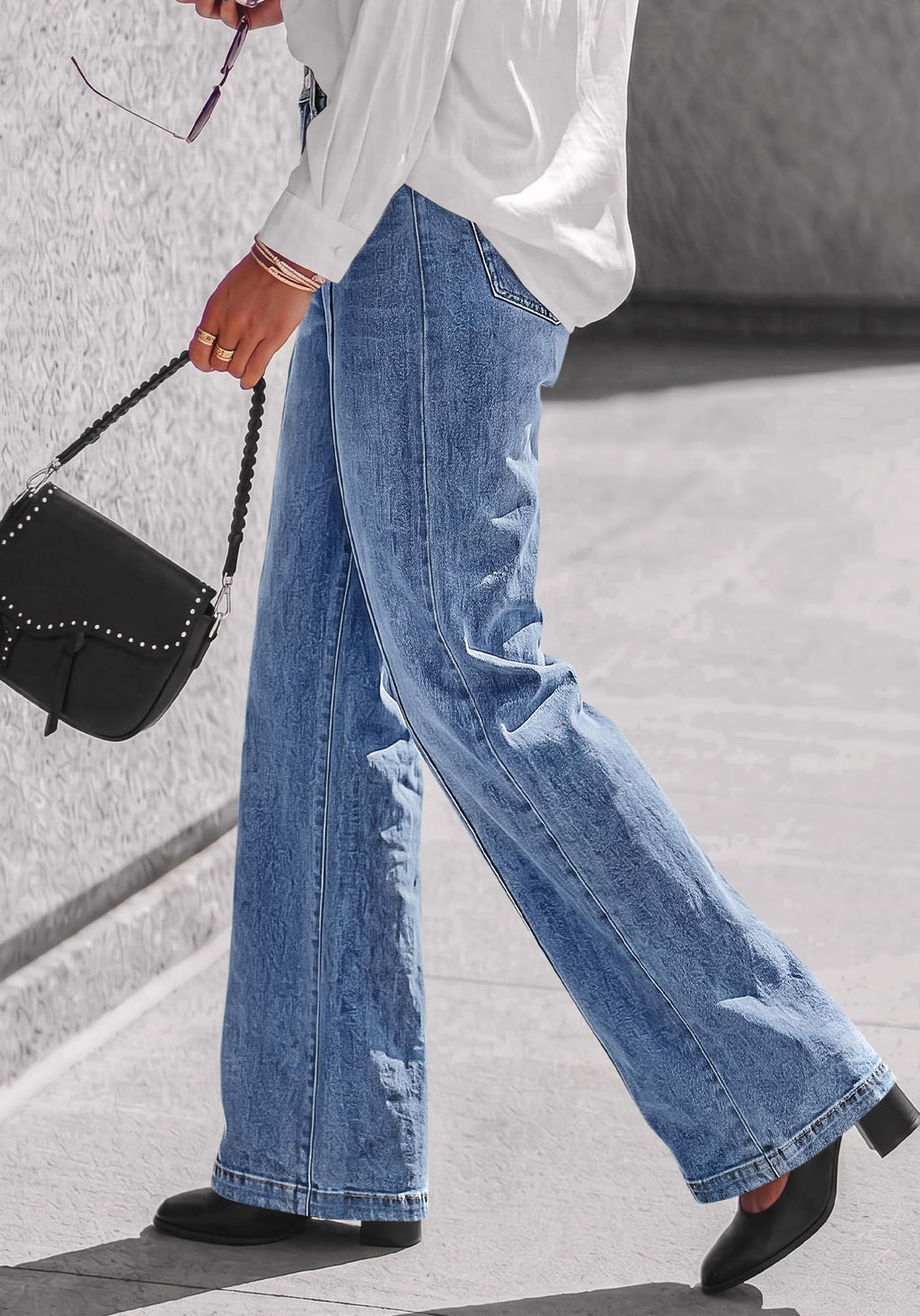 BTFBM Front Seam Stretchy Wide Straight Leg Jeans for Women Trendy Boyfriend Baggy Denim Jeans, High Waisted Palazzo Pants, 5-Pocket, Relaxed Fit, Full Length, Casual Bottoms, Fall Outfits