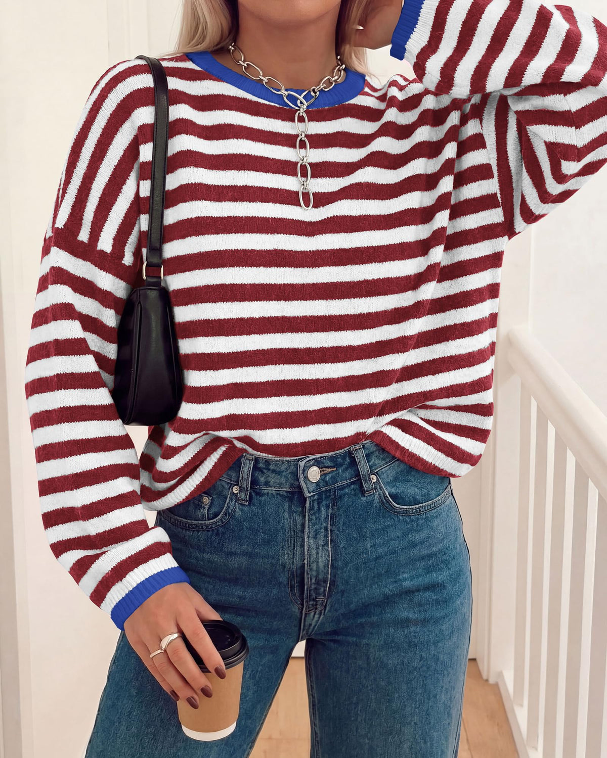 BTFBM Women's Lightweight Oversized Striped Sweater | Soft Knit Cozy Sweaters, Crew Neck Long Sleeve Pullover, y2k Color Block, Casual Holiday Outfits, Winter Fall Clothes